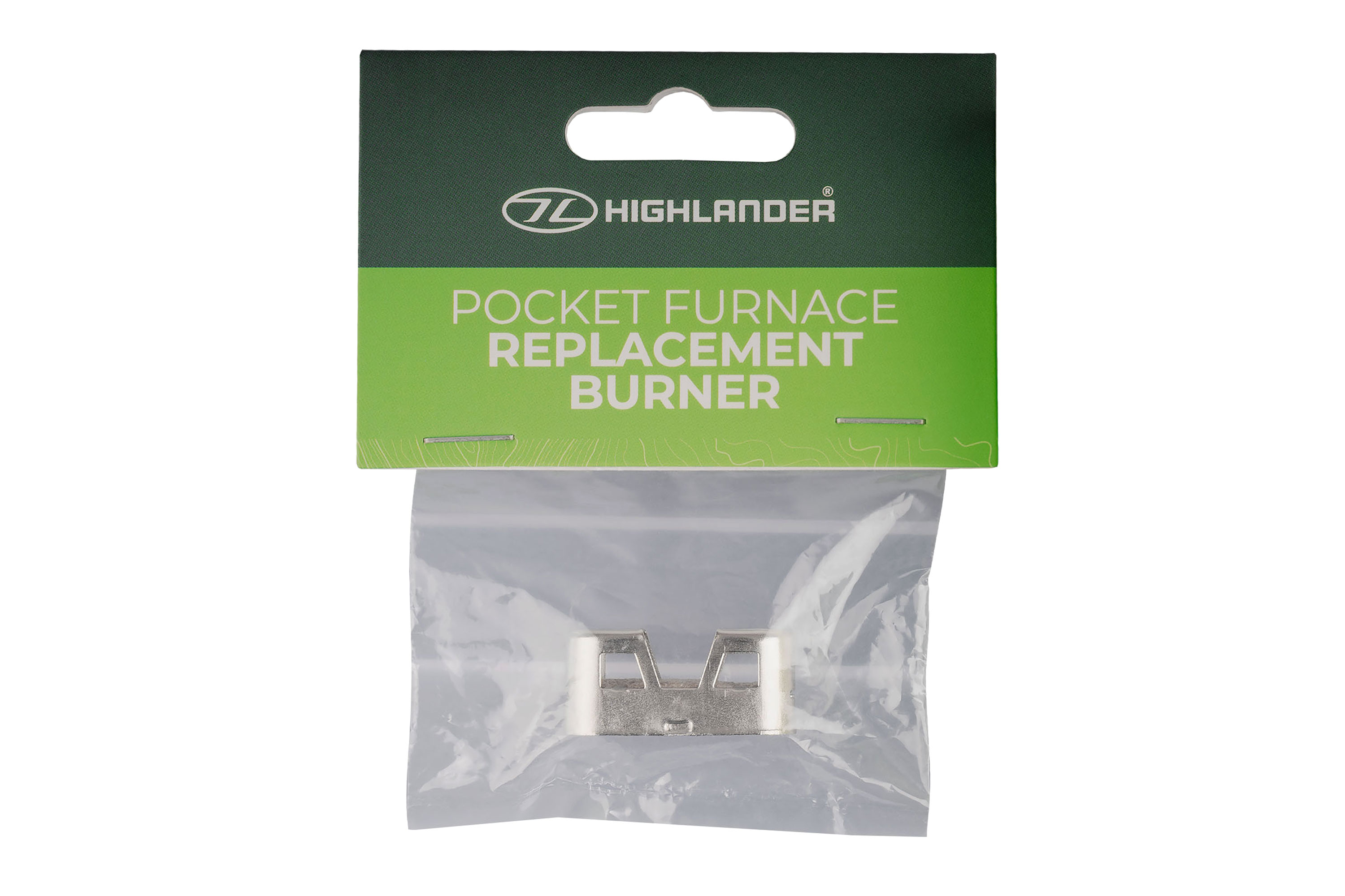 Highlander Pocket Furnace-Ersatzbrenner in einer durchsichtigen Plastiktüte mit grünem Verpackungskopf aus Pappe.