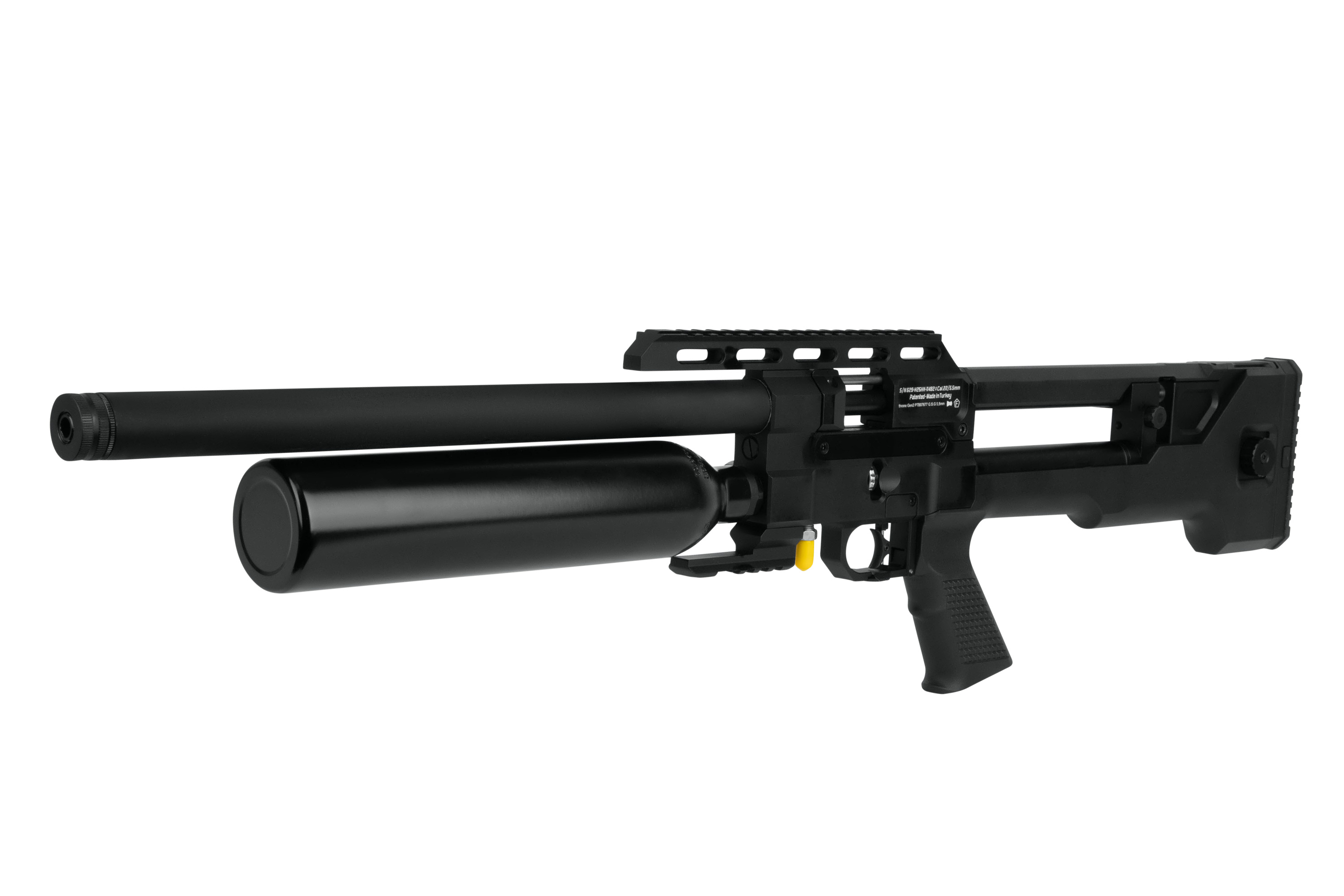 Schwarzes PCP-Luftgewehr mit großer Luftflasche, taktischem Schaft und oberer Montageschiene vor weißem Hintergrund.