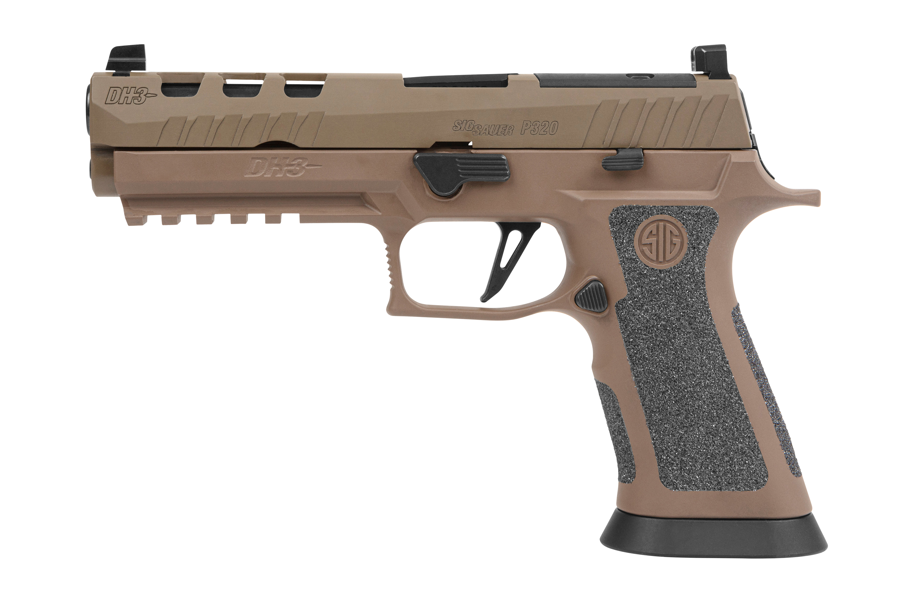 SIG Sauer P320 Luftpistole in Hellbraun mit strukturiertem Griff und taktischer Schiene für Zubehör.