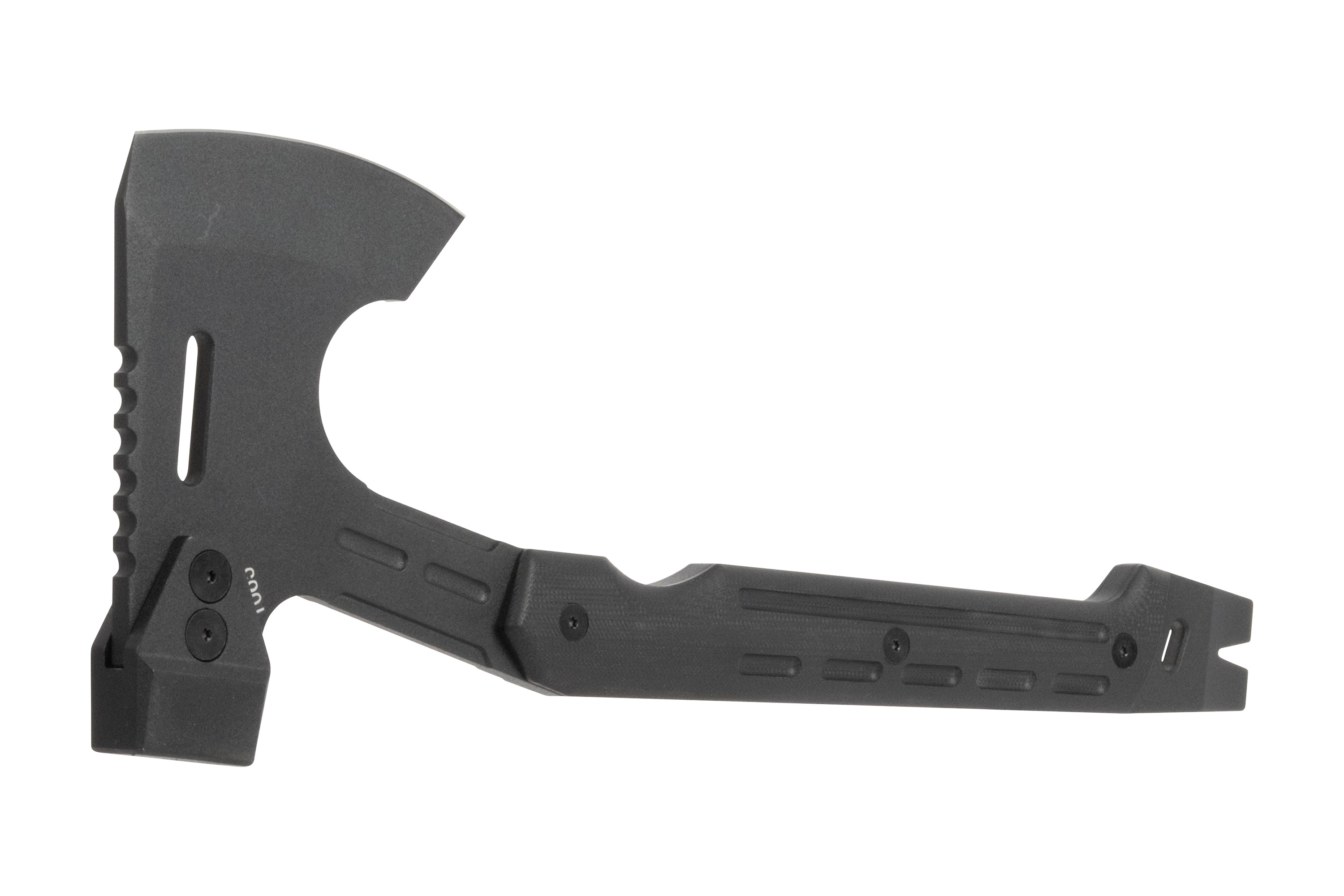 Schwarze taktische Axt mit ergonomischem Griff und Befestigungspunkten für Zubehör, ideal für Schusswaffenliebhaber.