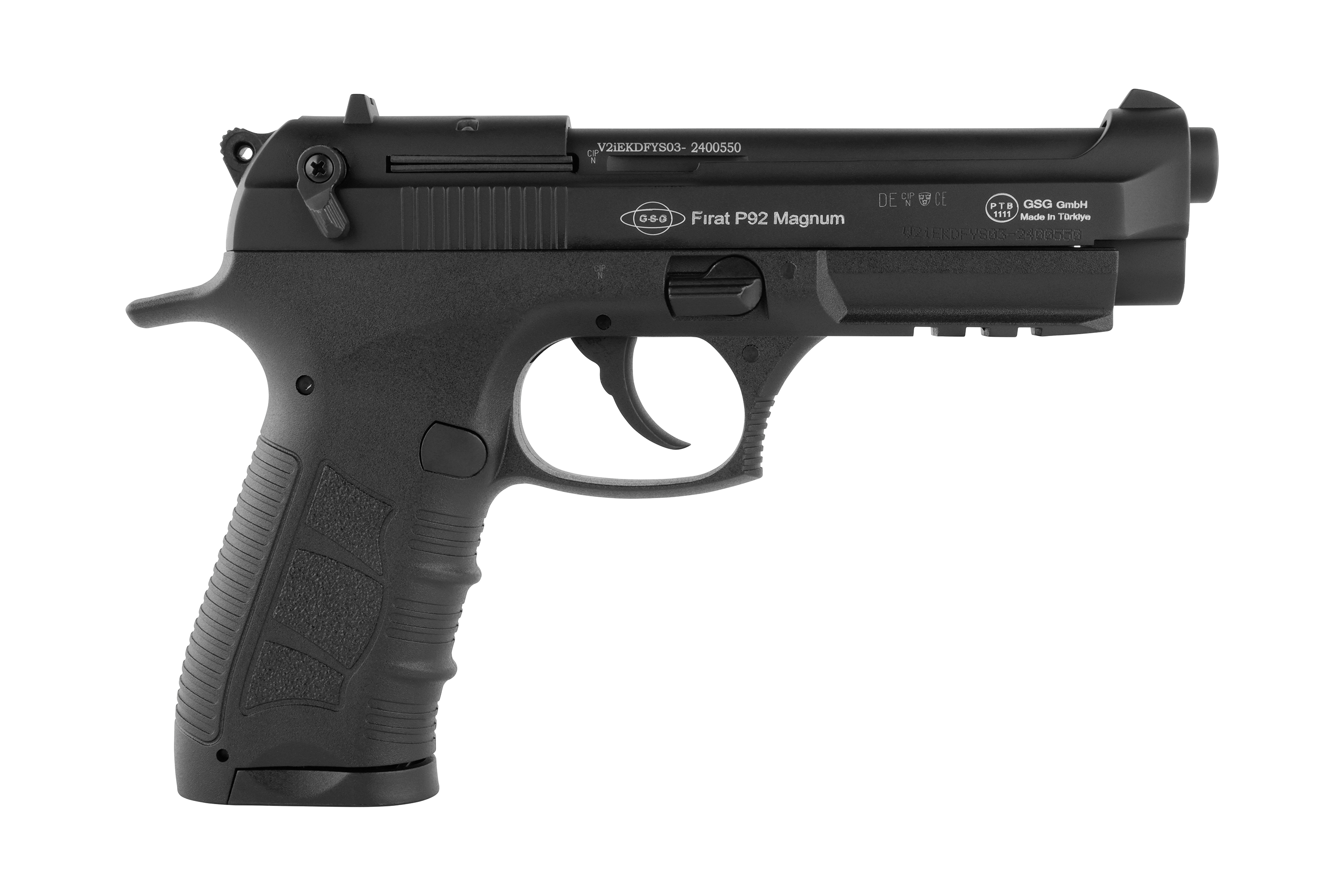 GSG Firat P92 Magnum Luftpistole in Schwarz mit ergonomischem Griff und taktischem Design.