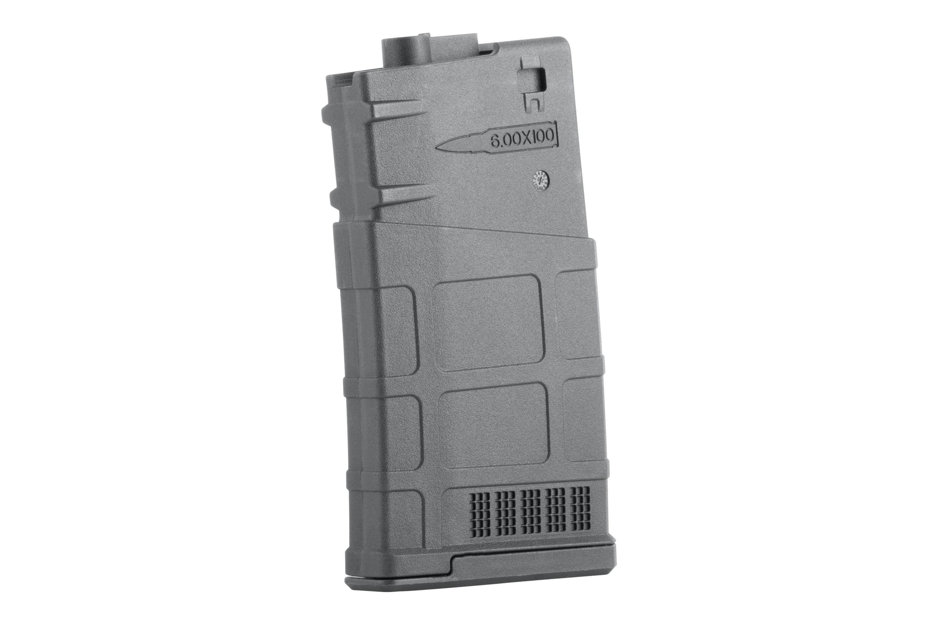 Airsoft-Magazin aus schwarzem Polymer für 6,00x100-Munition, mit strukturierter Griffoberfläche und langlebiger Konstruktion.