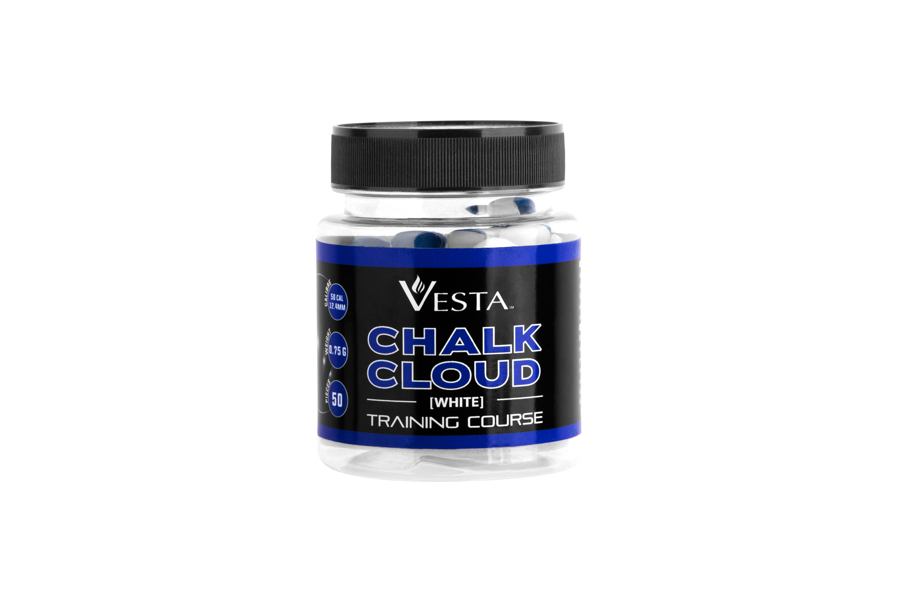 Ein durchsichtiges Plastikgefäß mit weißen Vesta Chalk Cloud-Trainingspatronen, 50 Stück, Kaliber .50, mit schwarzem Schraubdeckel.
