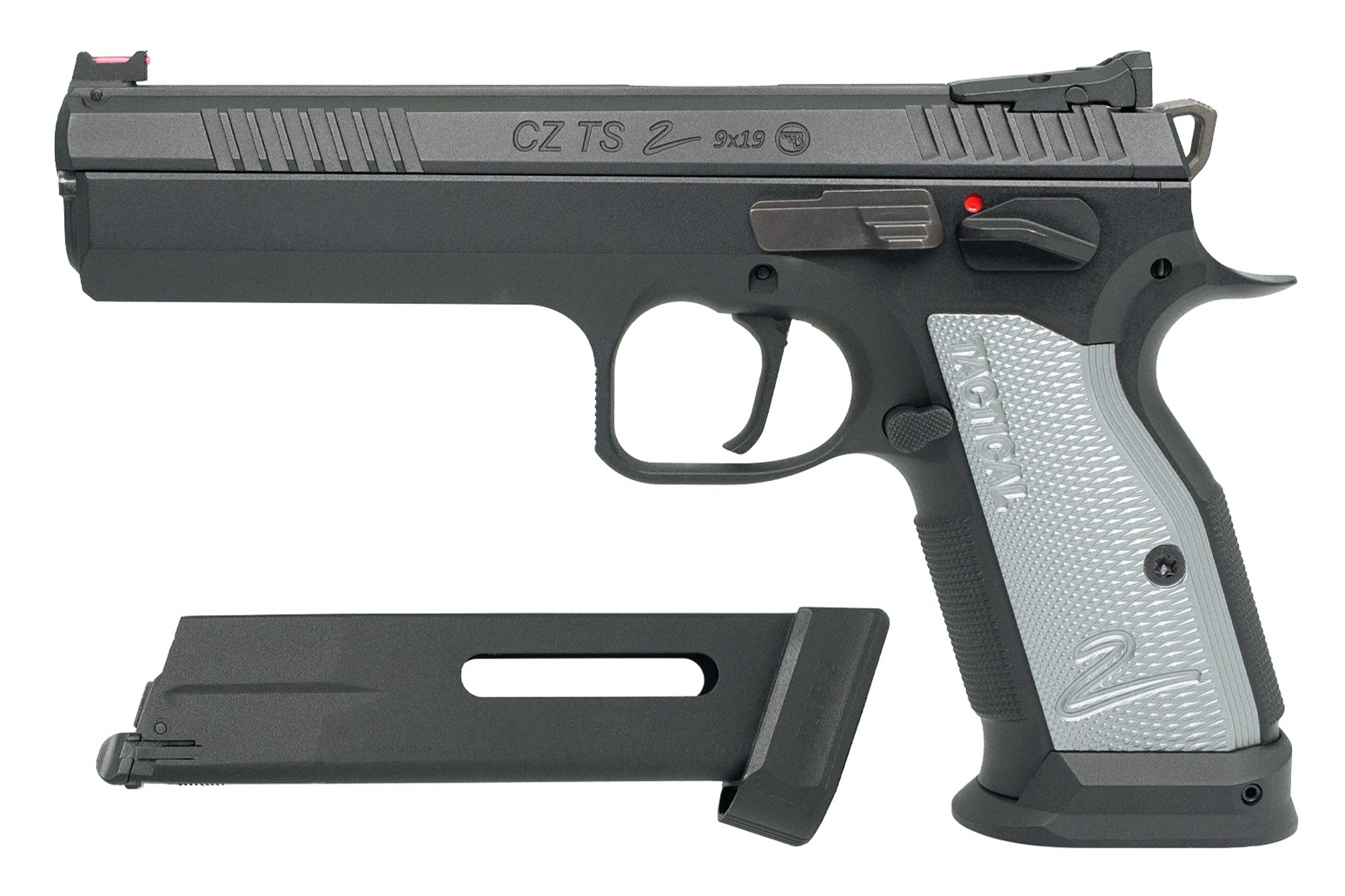 Luftpistole CZ TS 2 in Schwarz mit silbernem Griff, inklusive Magazin, ideal für Schusswaffenliebhaber.