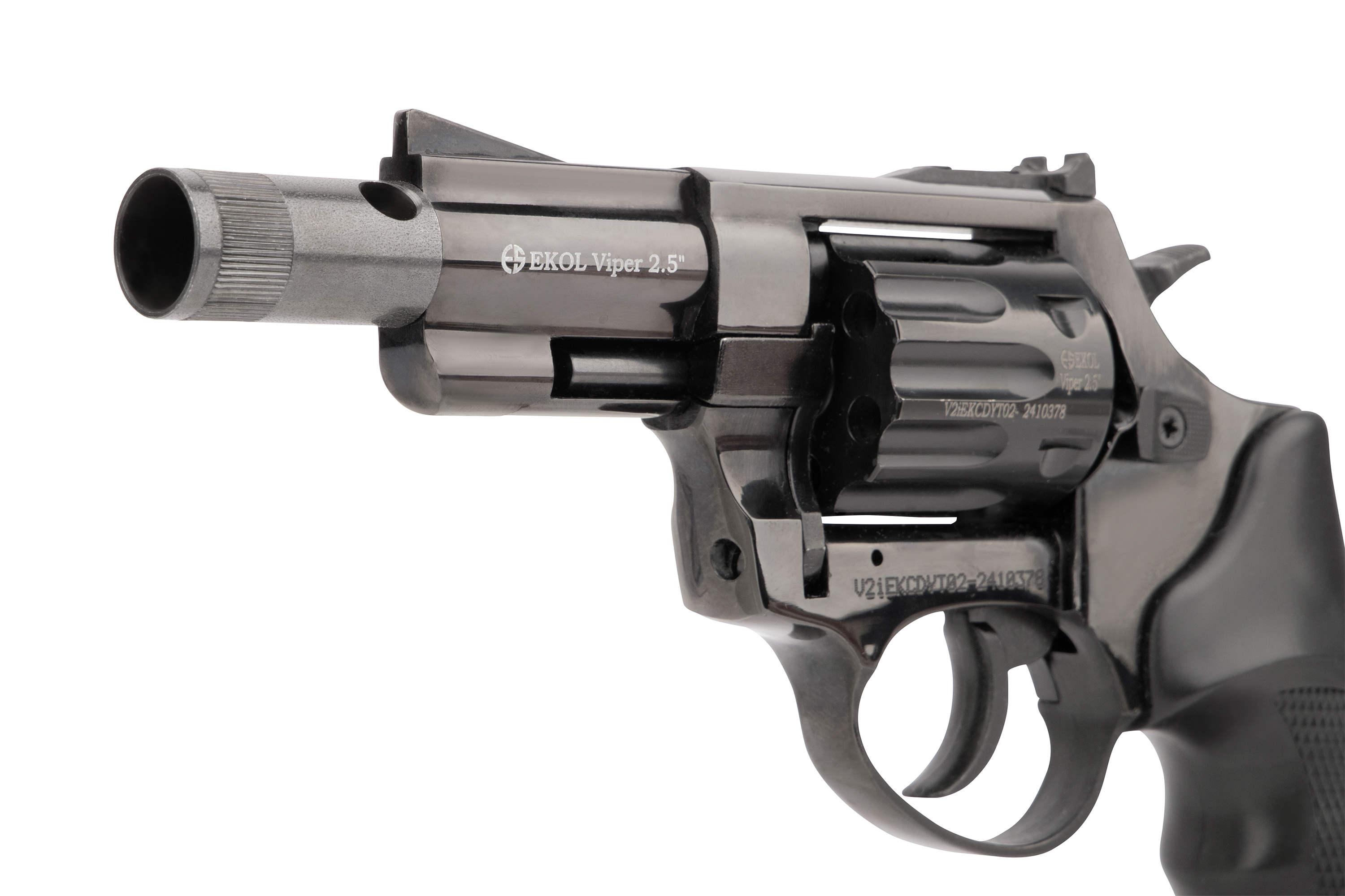 Schwarzer EKOL Viper 2,5-Zoll-Revolver mit Blankofeuerung und Metallic-Finish, isoliert auf einem sauberen weißen Hintergrund.