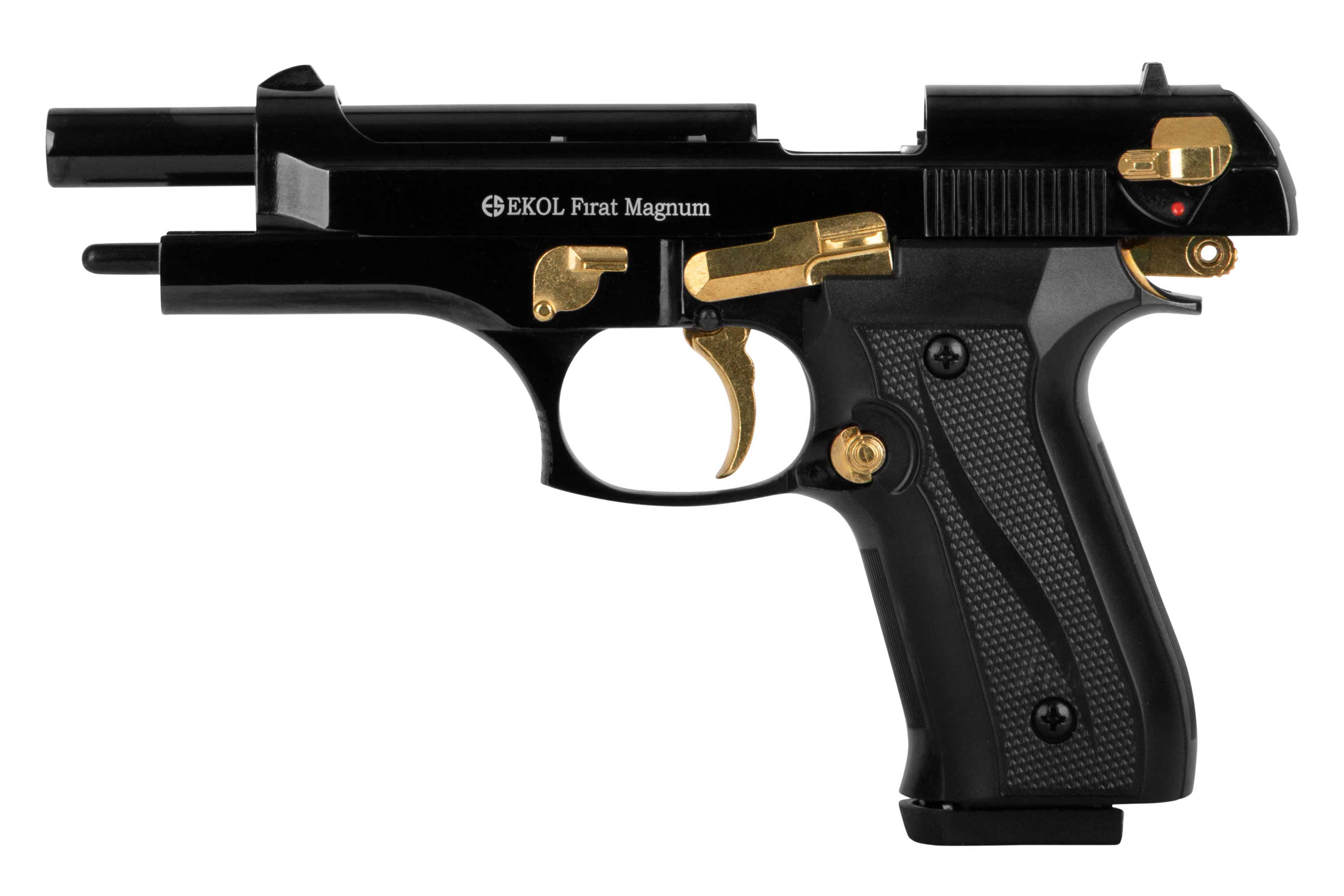 EKOL Firat Magnum Luftpistole mit schwarzem Finish und goldenen Akzenten, entworfen für Schusswaffenliebhaber.