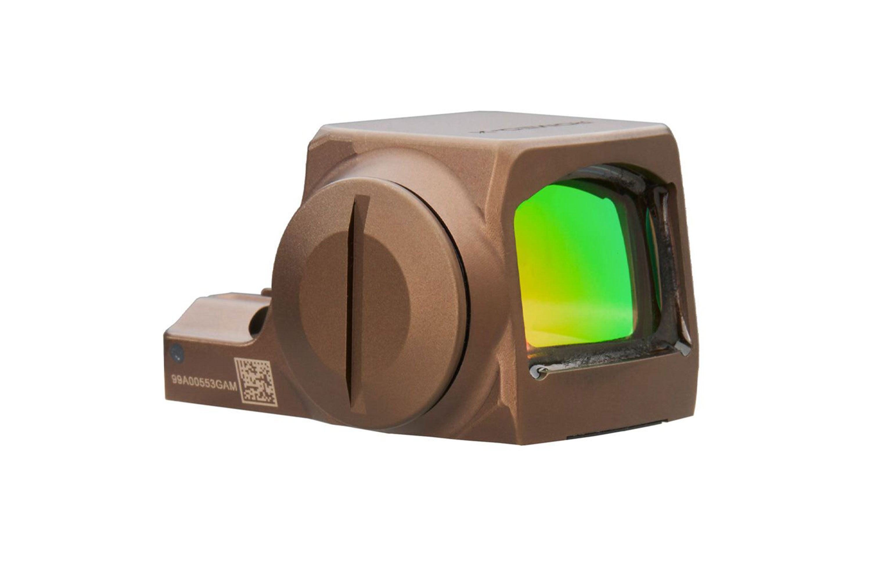 Kompaktes bronzefarbenes Leuchtpunktvisier mit reflektierender grüner Linse, seitlichem Batteriefachdeckel und Seriennummer.