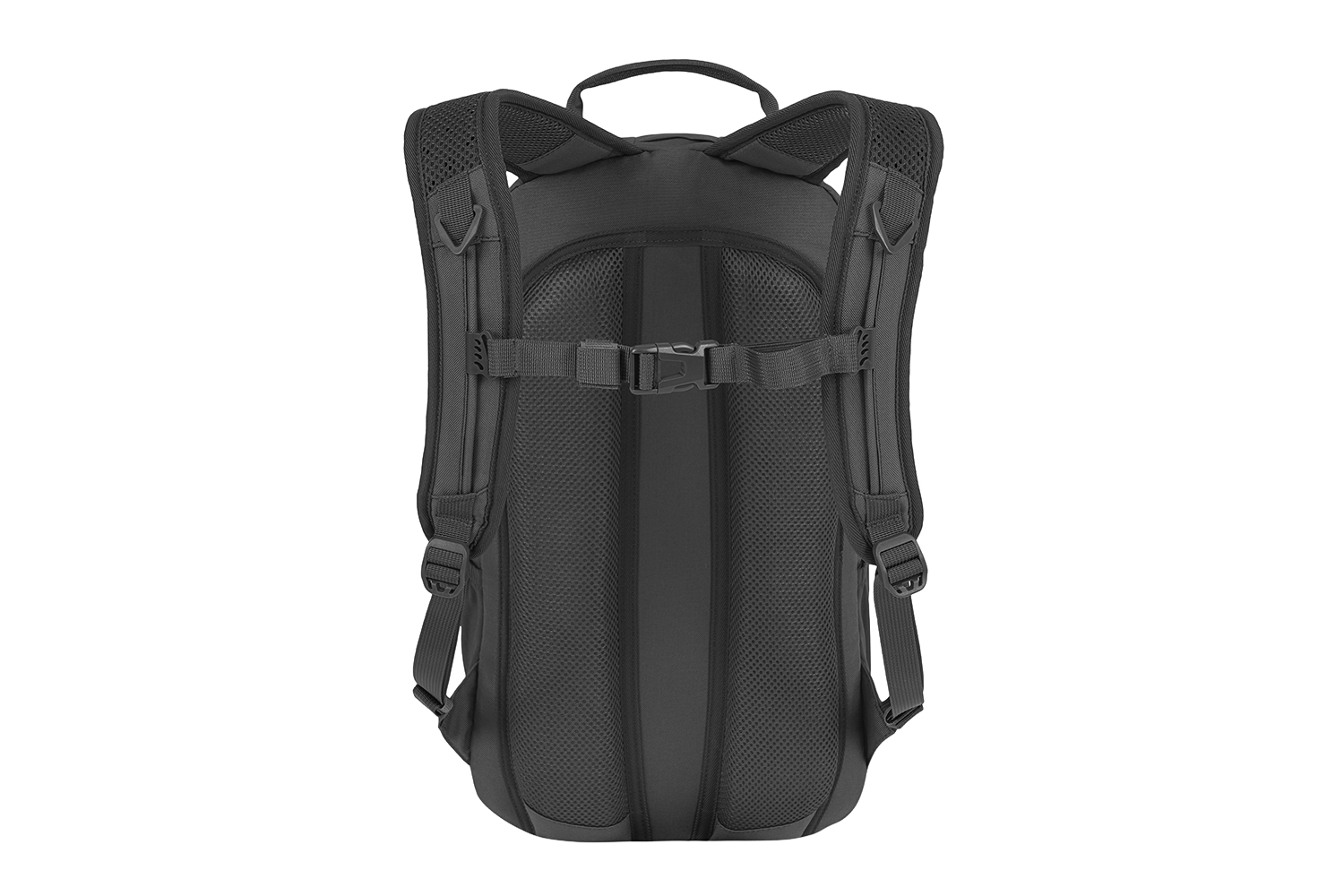Rückansicht eines schwarzen taktischen Rucksacks mit gepolsterten Mesh-Schultergurten, einem Brustgurt und einem atmungsaktiven Rücken.