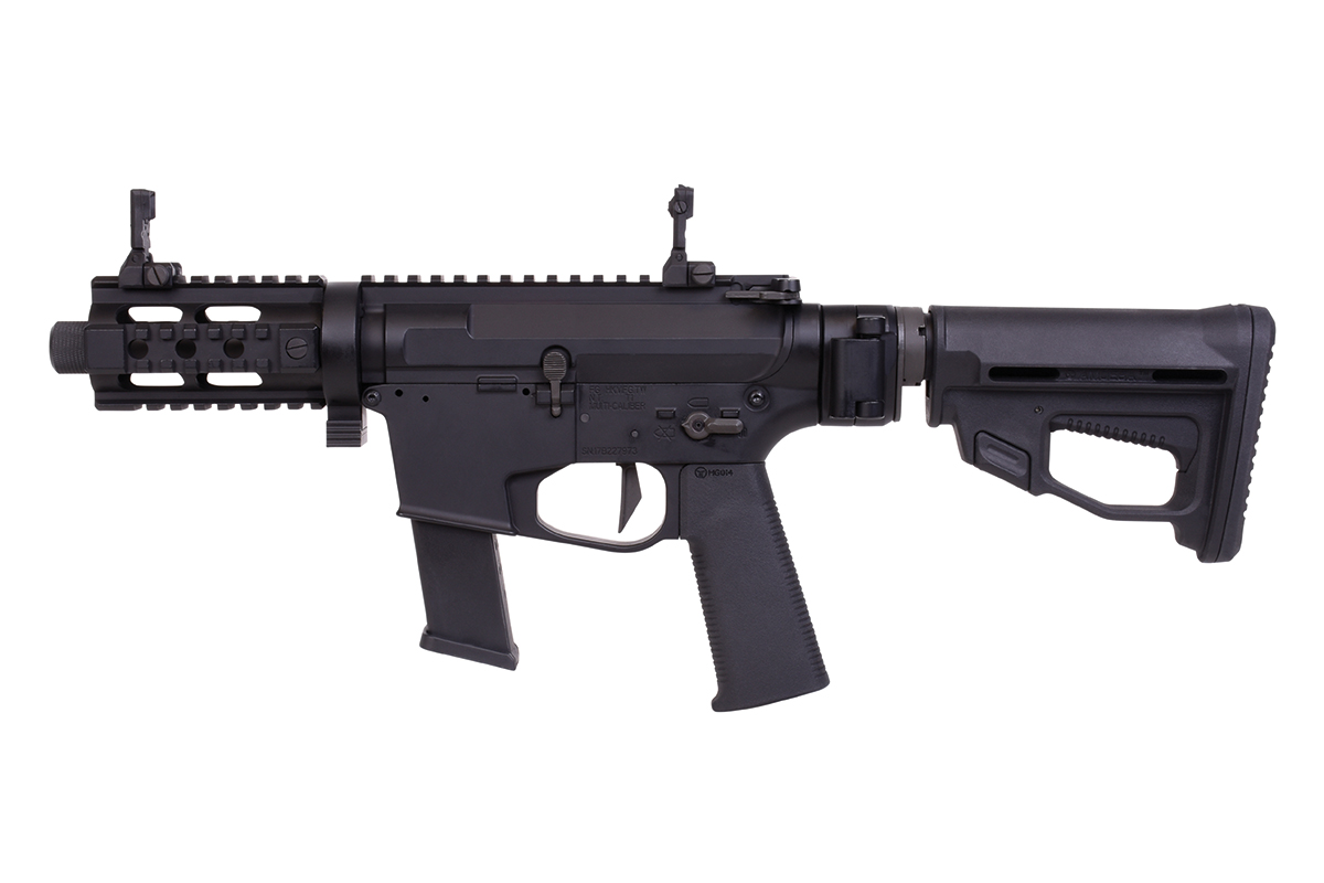 Schwarzer G&G ARP9 Airsoft-Karabiner mit kompaktem Design, verstellbarem Schaft und taktischem Schienensystem auf weißem Hintergrund.
