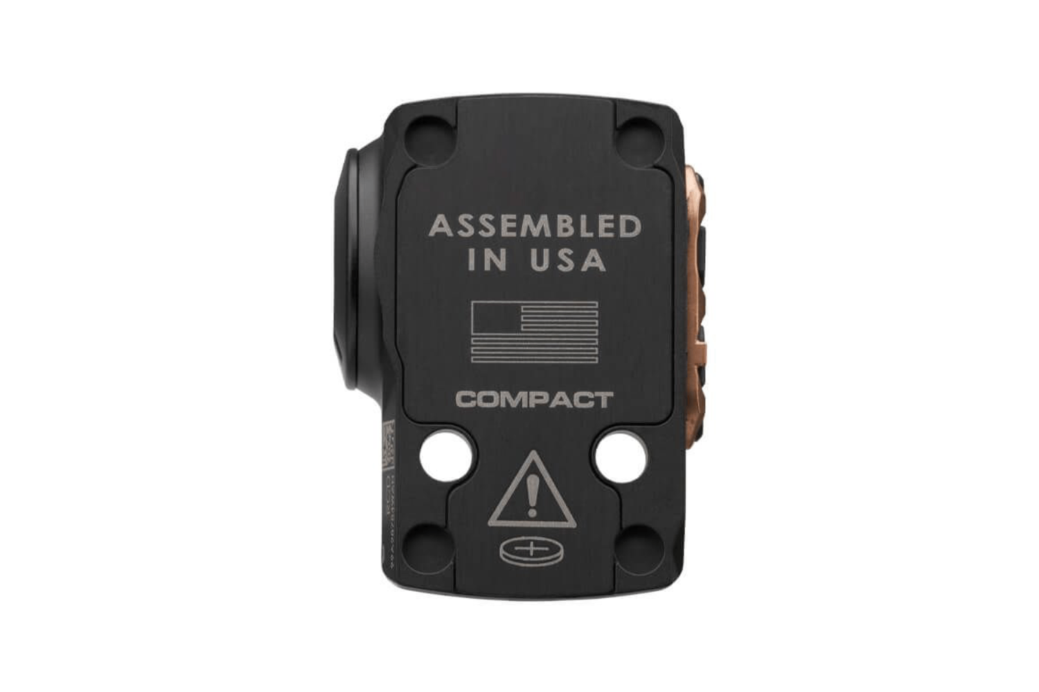 Kompaktes Luftpistolenzubehör mit schwarzer Oberfläche, Warnsymbolen und der Gravur „Assembled in USA“.