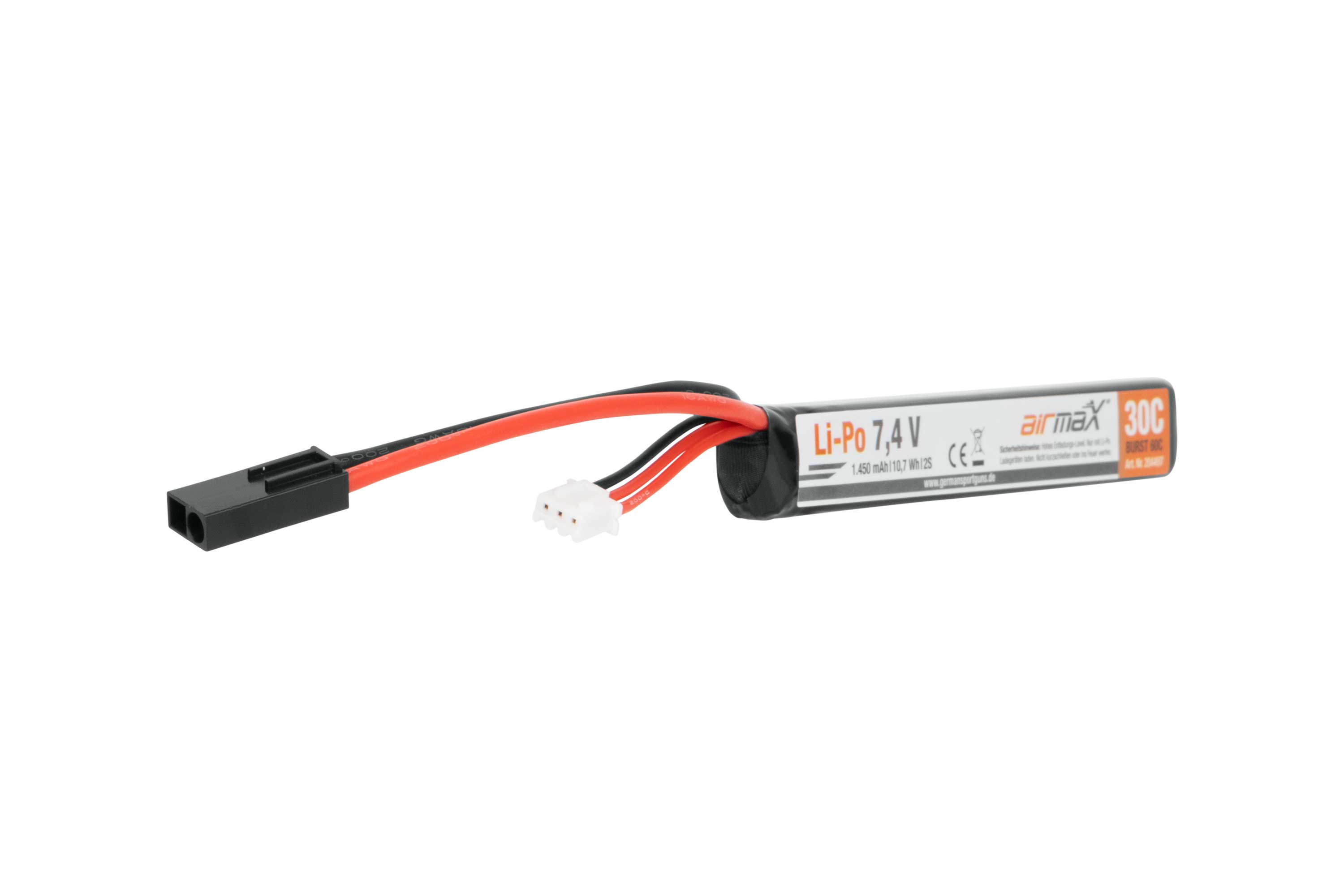 Airmax 7,4 V 1450 mAh Li-Po-Akku für Airsoft-Pistolen mit T-Stecker-Anschluss und Balancekabel auf weißem Hintergrund.