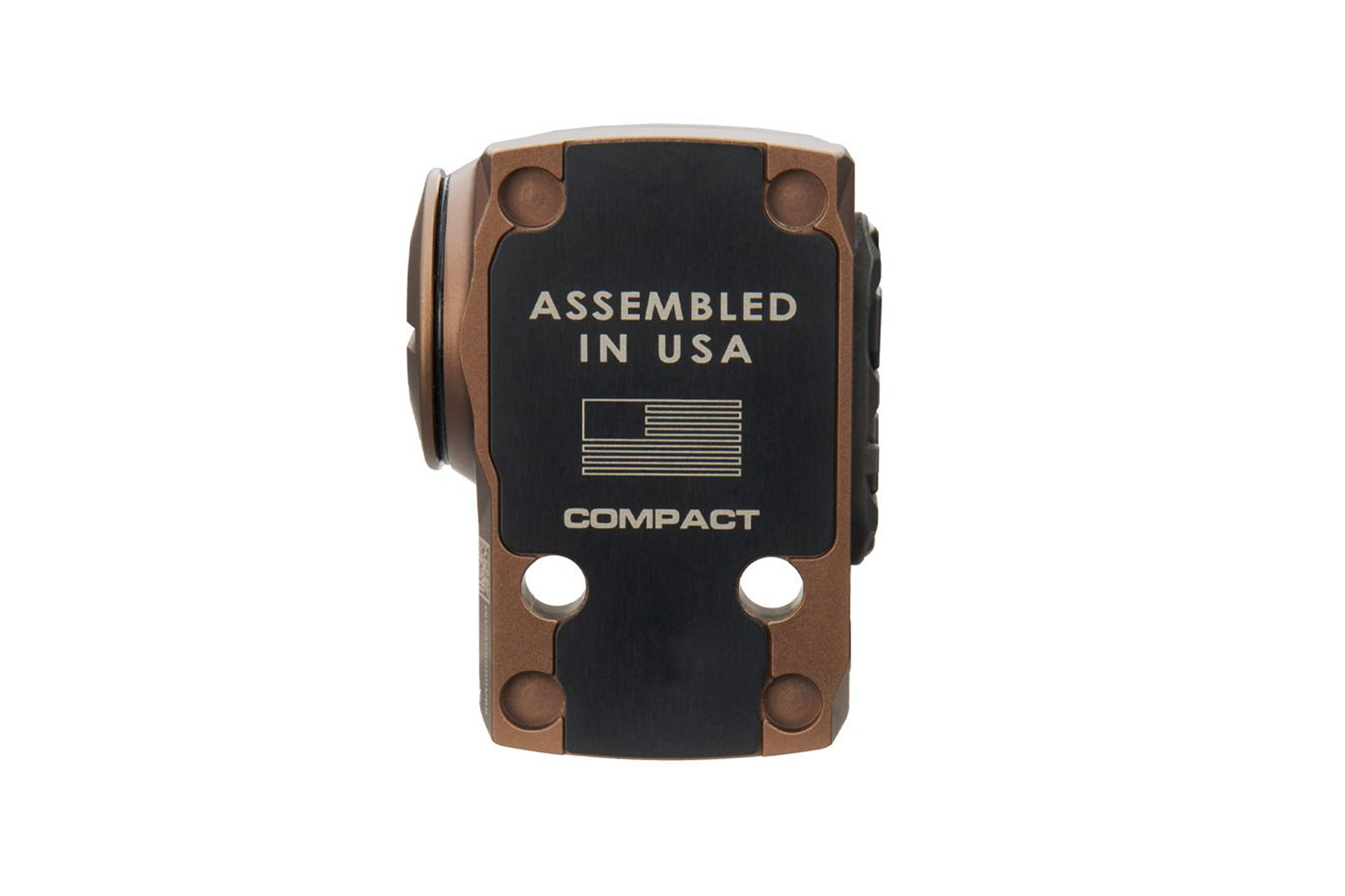 Rückansicht eines kompakten Leuchtpunktvisiers aus Bronze und Schwarz mit dem Text „Assembled in USA“ und einem Flaggensymbol auf weißem Hintergrund.