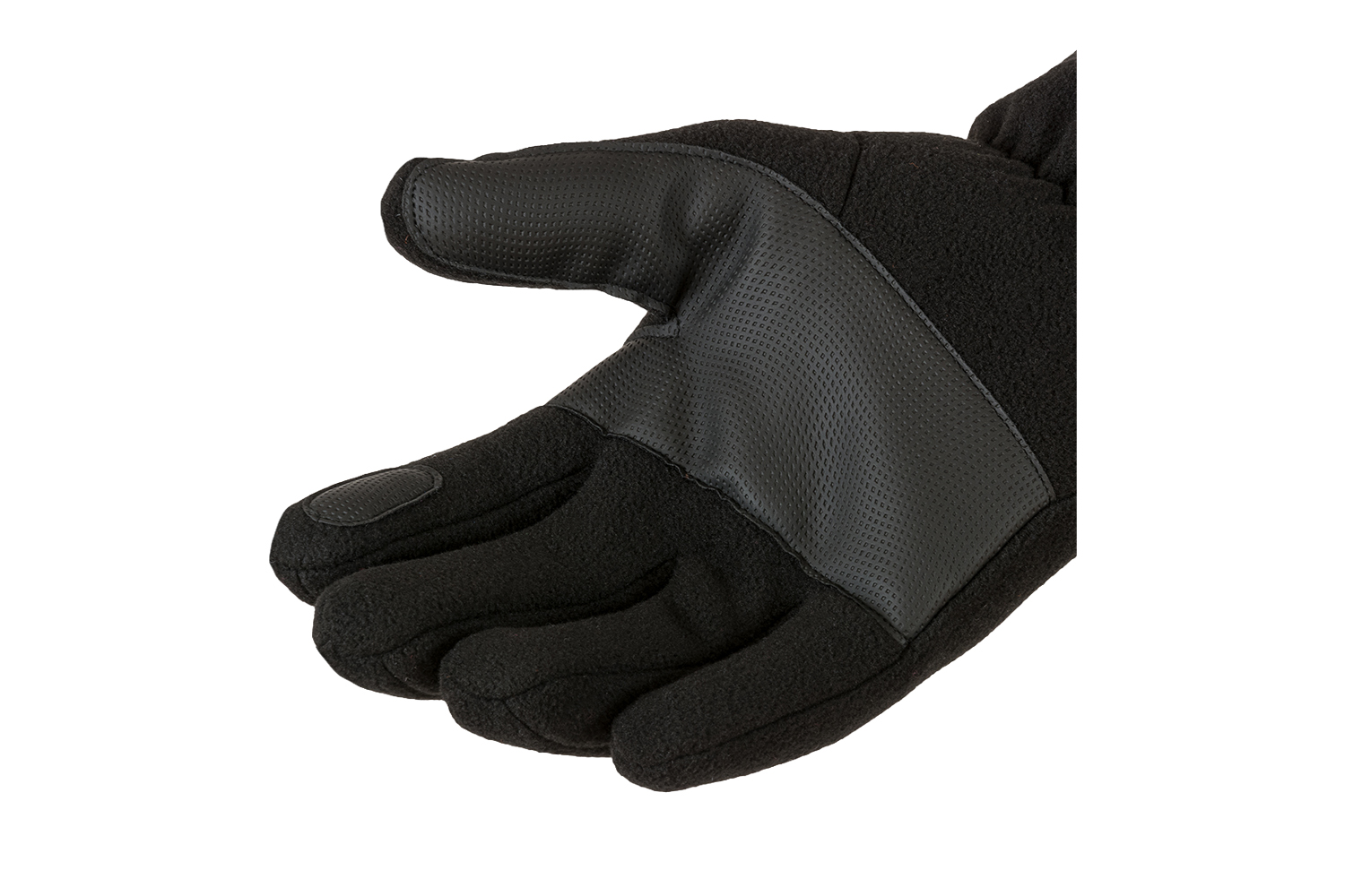 Nahaufnahme eines schwarzen Fleece-Handschuhs mit strukturierter, verstärkter Grifffläche auf der Handfläche für verbesserte Handhabung und Kontrolle.