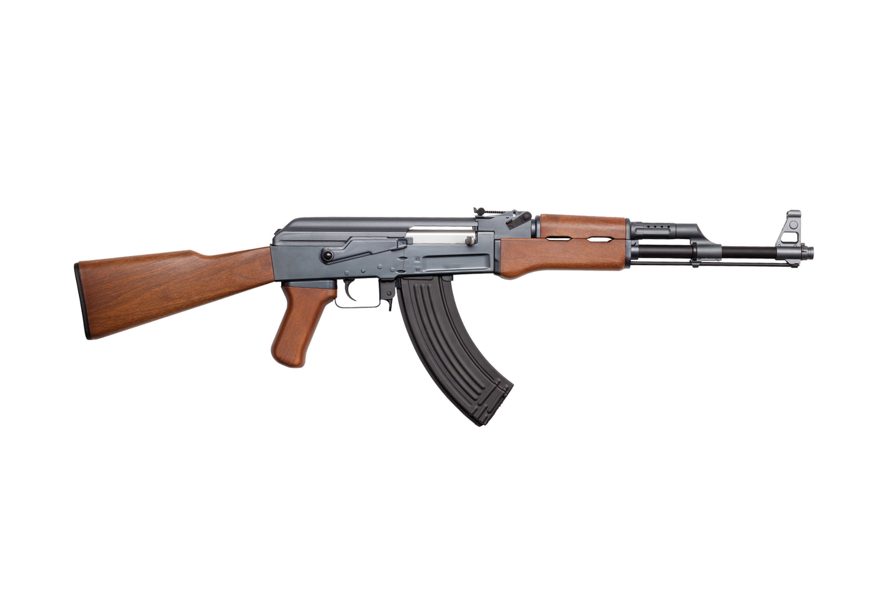 Klassisches AK-47-Luftgewehr mit realistischem Metallgehäuse, schwarzem Magazin sowie authentischem Holzschaft und Handschutz.