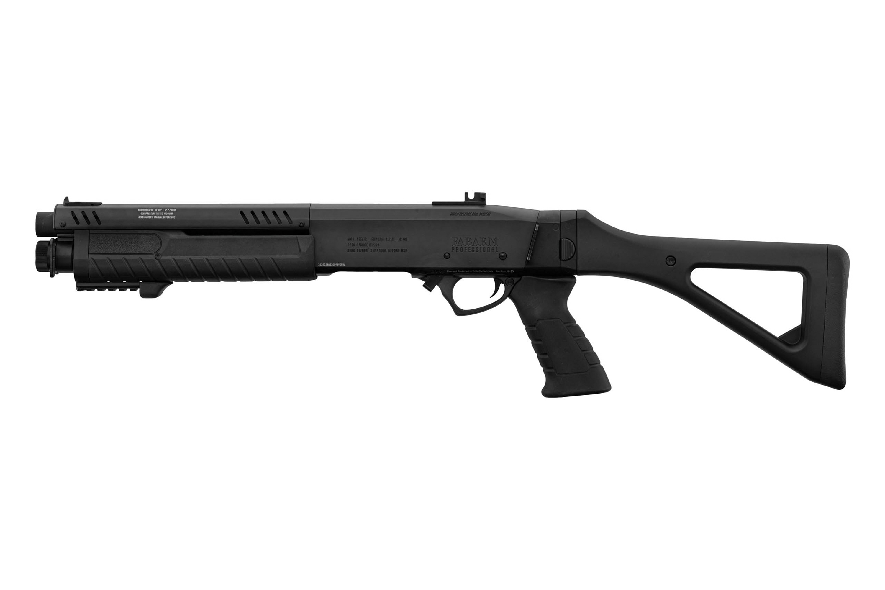 Seitenansicht einer schwarzen Fabarm Professional-Schrotflinte mit taktischem Schaft, Pistolengriff und integriertem Schienensystem.