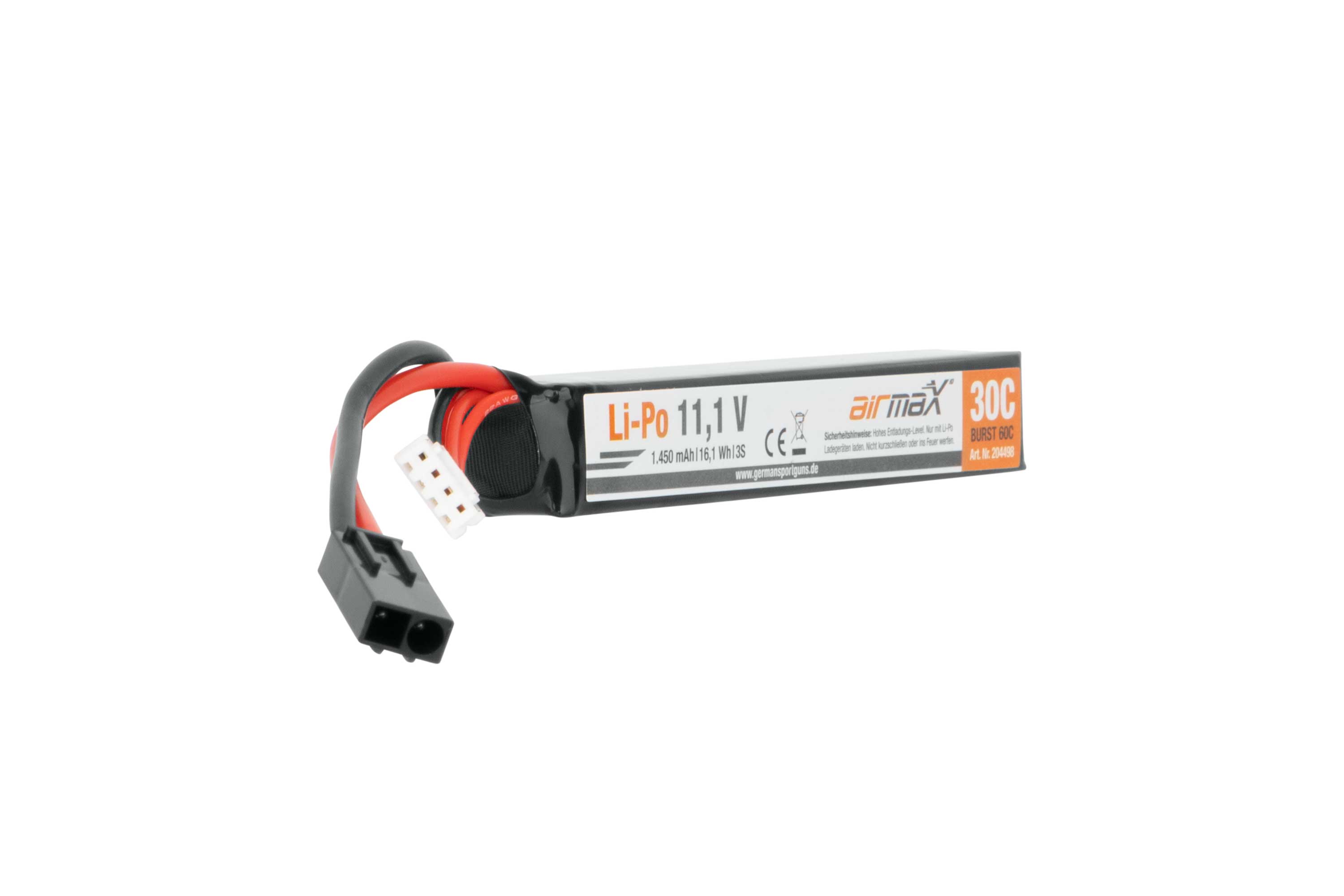 Airmax 11,1 V 1450 mAh Li-Po-Akku für Airsoft-Waffen mit 30 °C Entladerate und Standard-Anschlusskabeln.