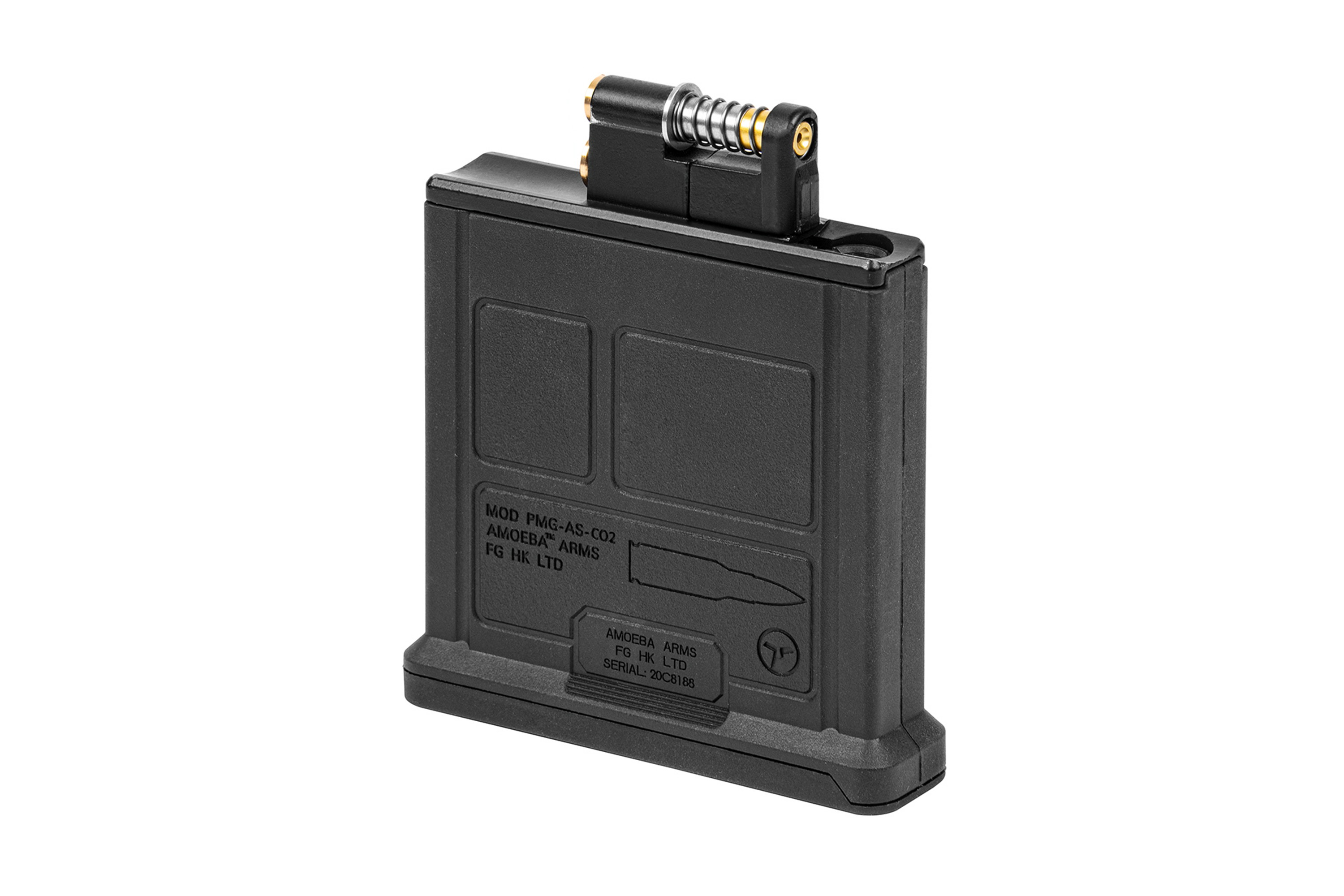 Schwarzes Ares Amoeba PMG-AS-CO2-Magazin für Airsoft-Gewehre mit langlebiger Polymerkonstruktion und Metall-Zuführungslippe.