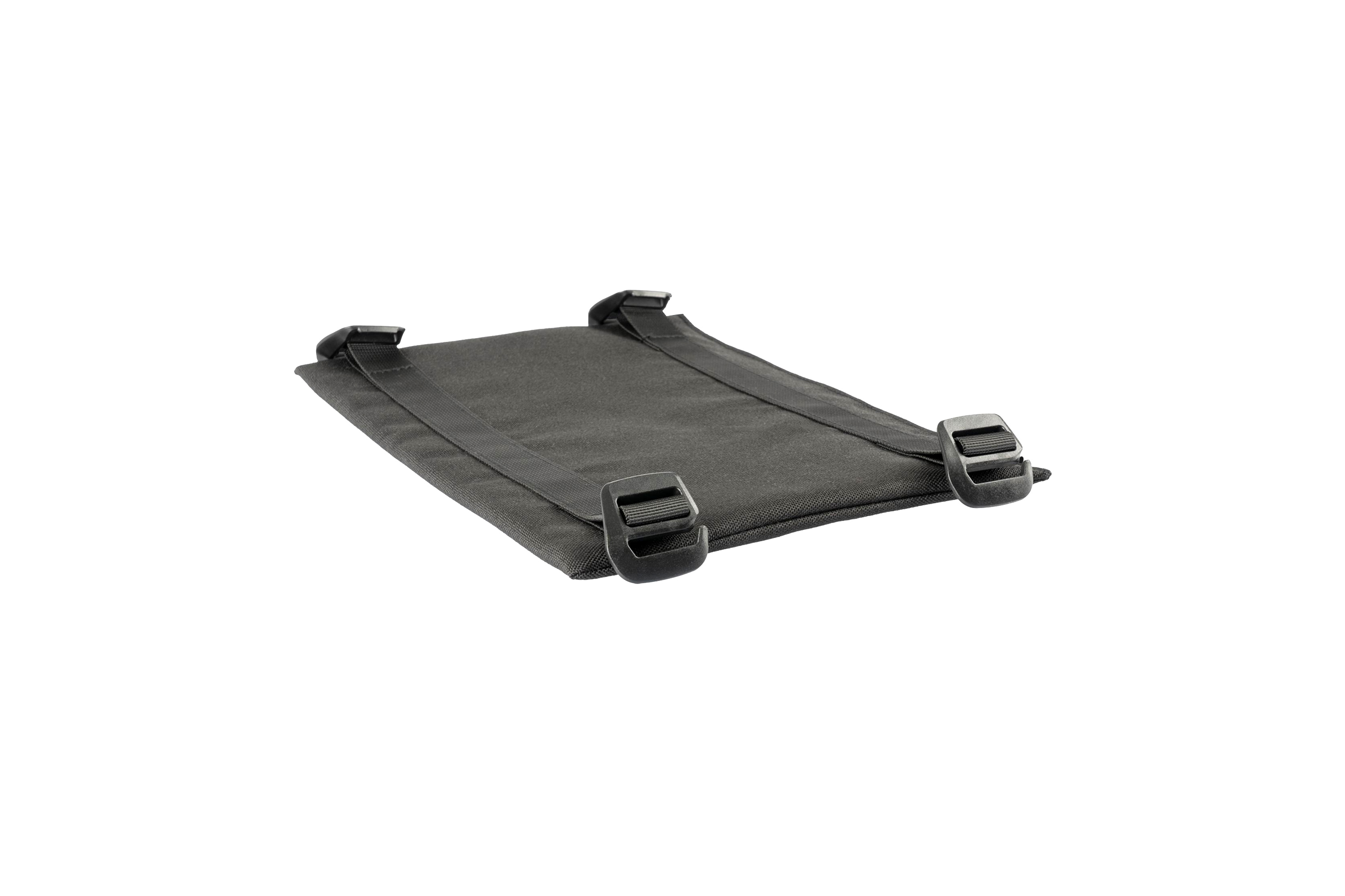 Eine schwarze, rechteckige taktische Zubehörtasche aus strapazierfähigem Nylon mit vier verstellbaren Kunststoff-Befestigungsschnallen.