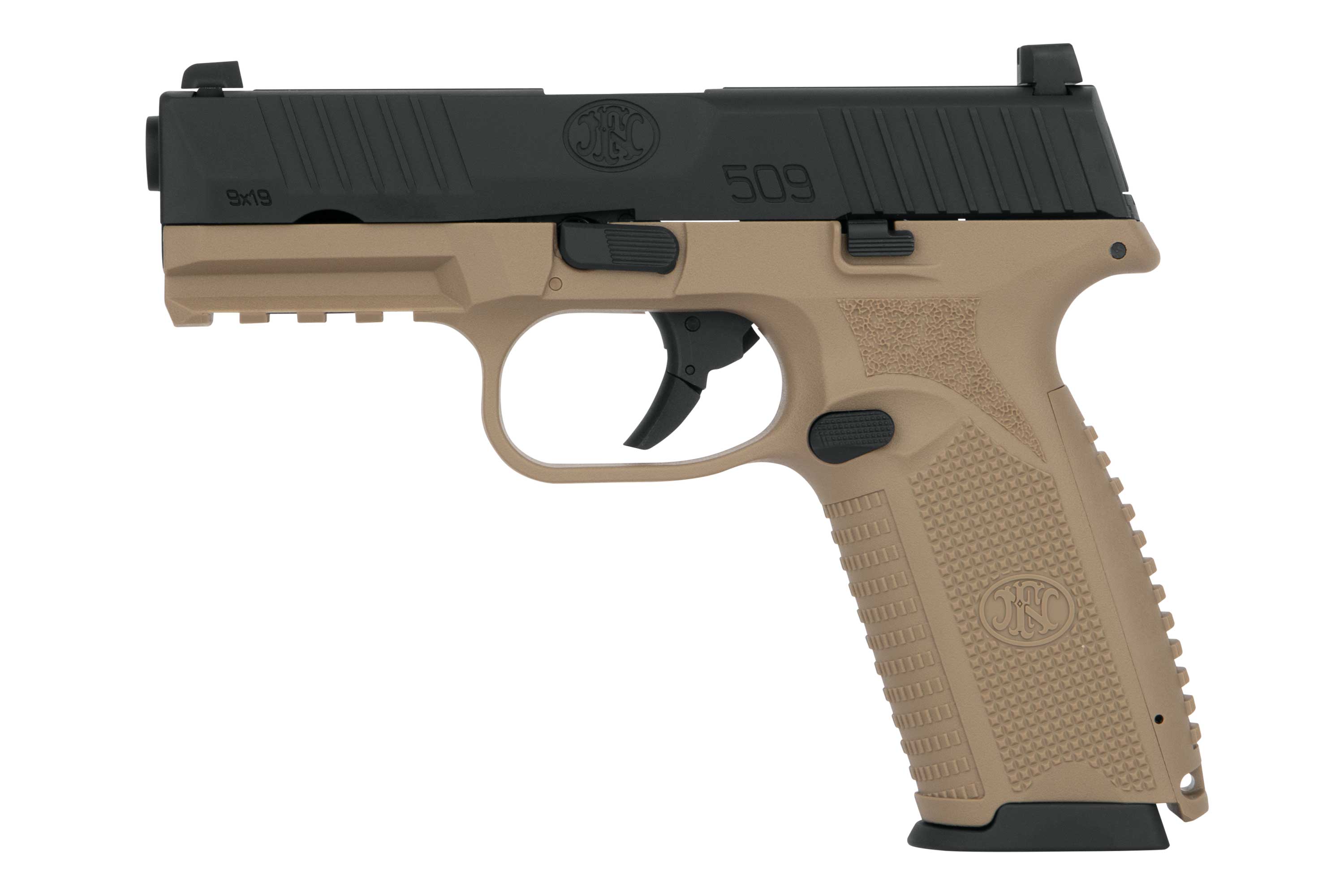 Kompaktpistole FN 509 in Schwarz und flacher dunkler Erde mit strukturiertem Griff und Zubehörschiene.
