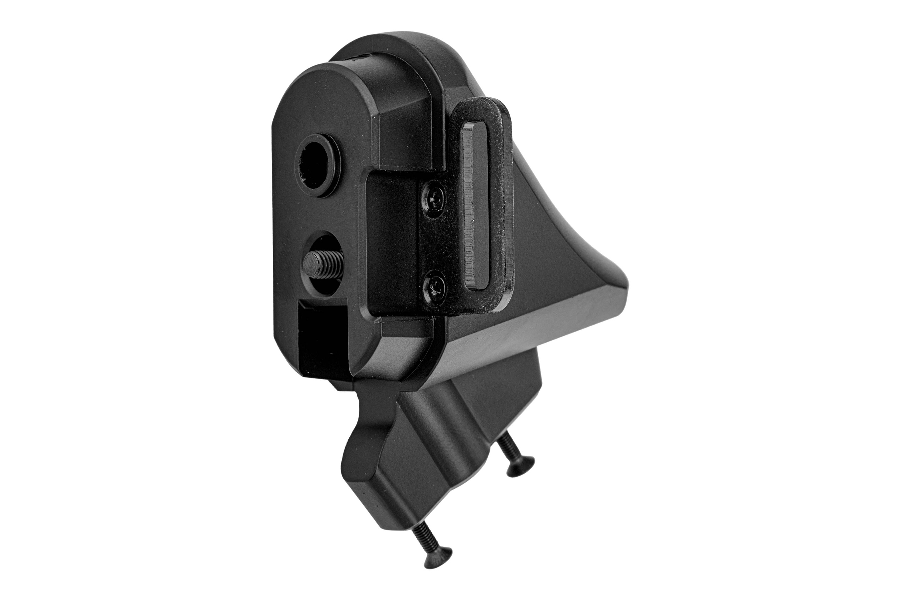 Schaftadapter aus schwarzem Polymer für Luftgewehre, mit Montagehalterung, integrierter Riemenschlaufe und Metallschrauben.