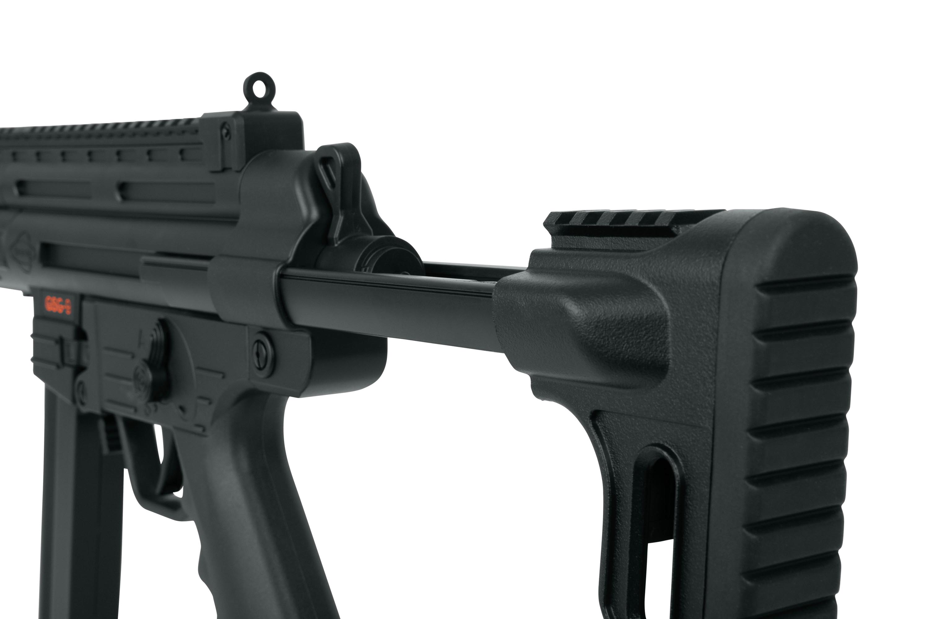 Nahaufnahme des Luftgewehrs GSG-9 mit schwarzem Polymerschaft und taktischem Design.