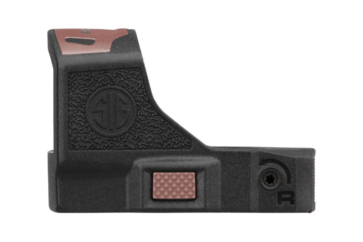 Seitenansicht eines schwarzen Sig Sauer Romeo-X-Reflexvisiers mit strukturiertem Griff und Einstellschraube auf weißem Hintergrund.