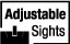 Symbol für verstellbare Visierung bei Waffen, mit schwarzer Kimme und Korn, Text „Adjustable Sights“ auf weißem Hintergrund.