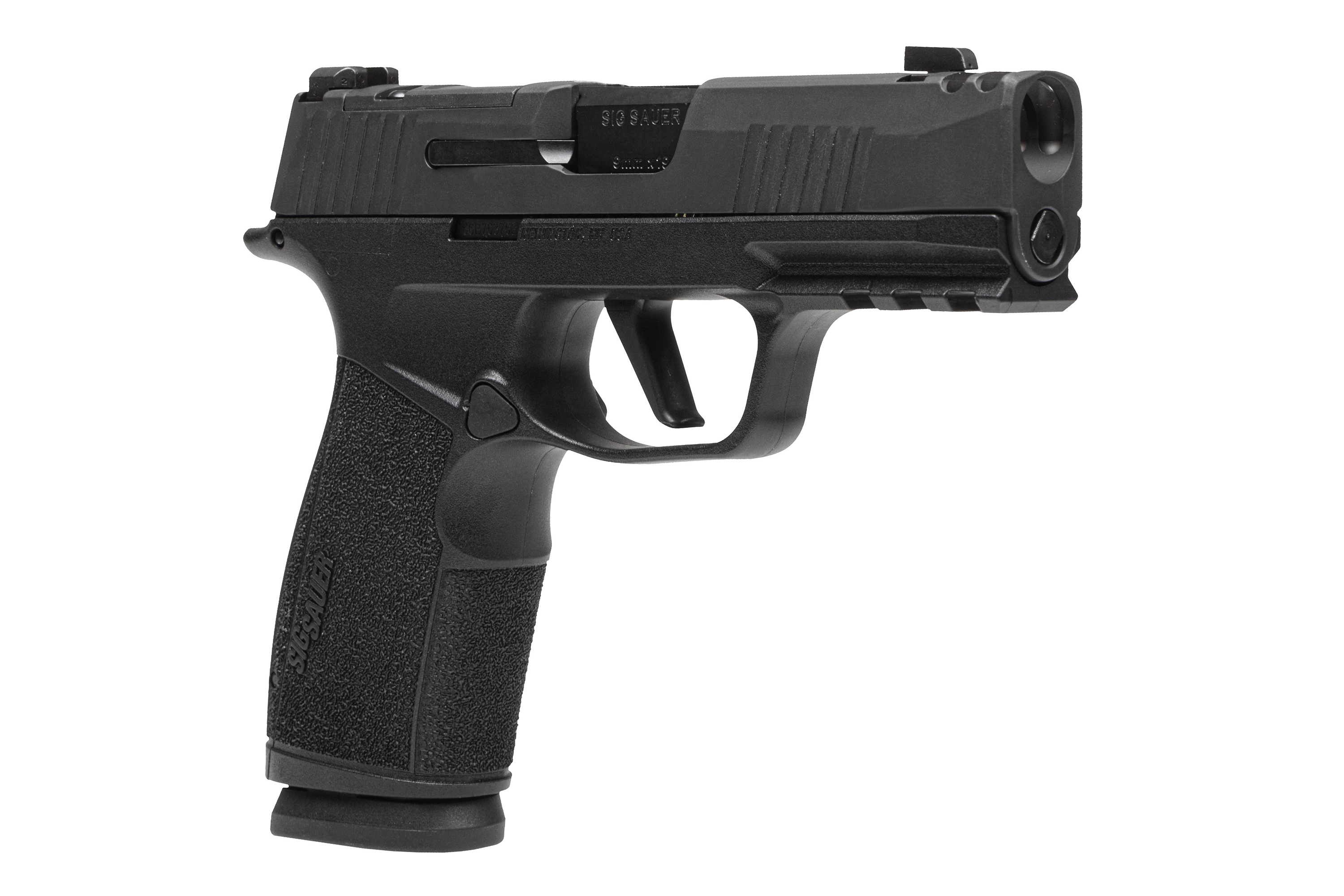 Schwarze SIG Sauer Luftpistole mit strukturiertem Griff und taktischer Schiene für Zubehör.