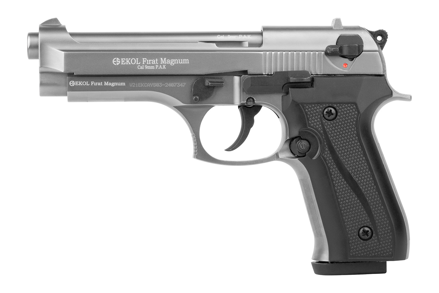 EKOL Firat Magnum Luftpistole in Silber und Schwarz, mit strukturiertem Griff und Sicherheitsmechanismus.