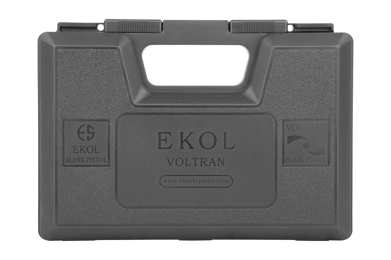 Ekol Voltran Blanko-Pistolenkoffer, robuster schwarzer Kunststoff mit Griff, ideal für die Aufbewahrung und den Transport von Schusswaffen.