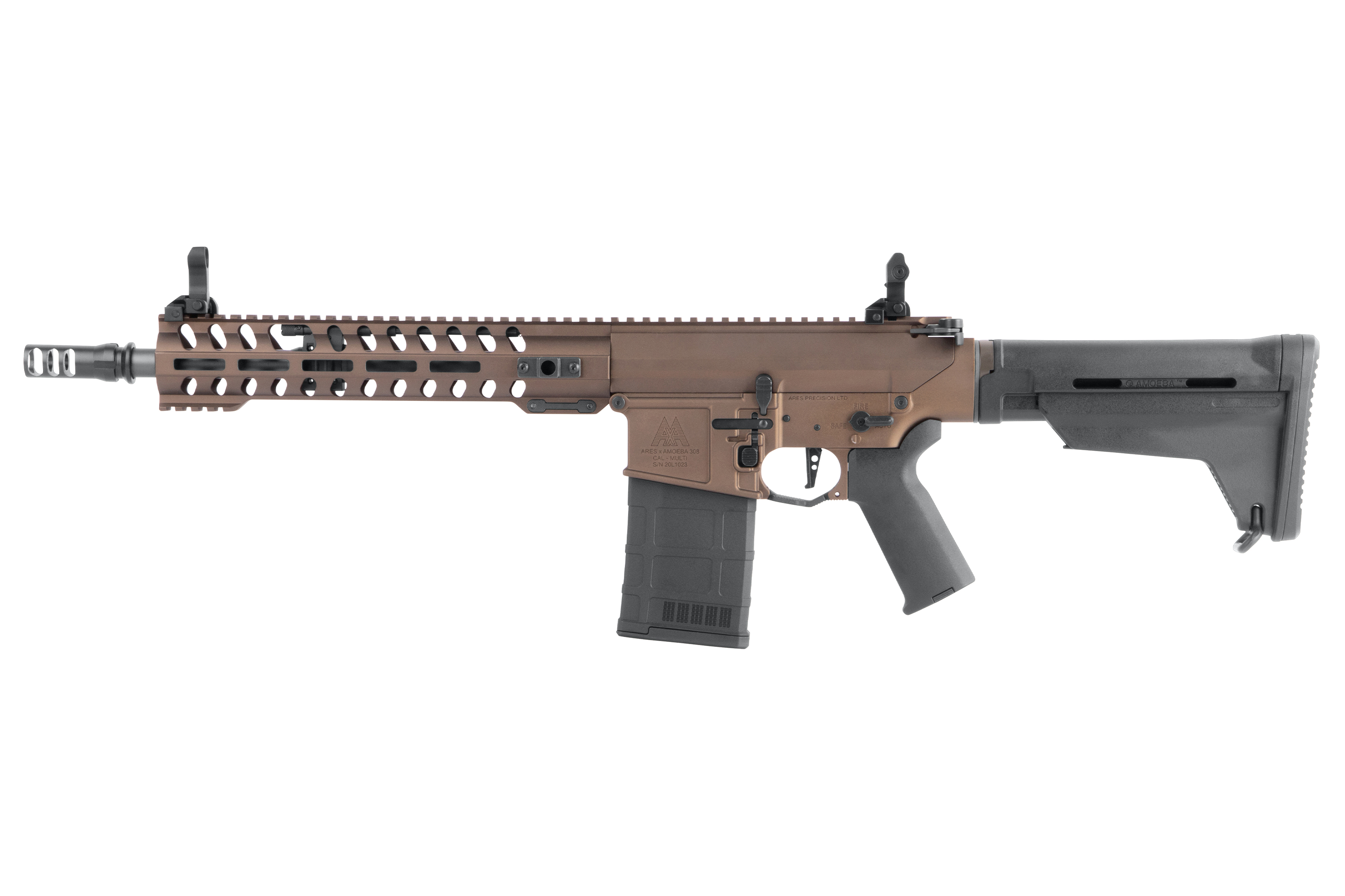 Ares Amoeba AM-016 Airsoft-Gewehr in Bronze und Schwarz mit modularem Handschutz, verstellbarem Schaft und Eisenvisier.