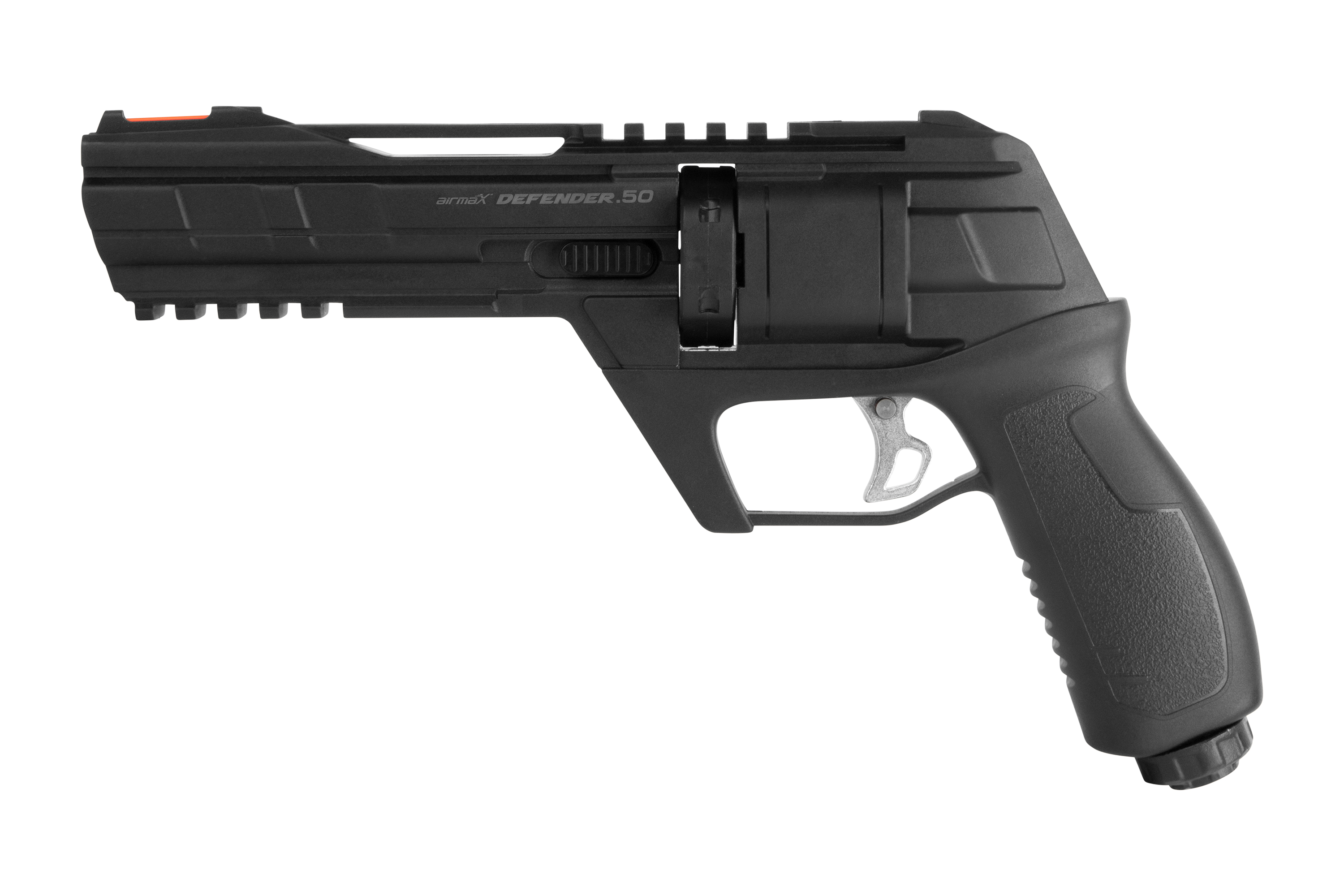 Schwarze Airmax Defender-Luftpistole im Kaliber .50 mit strukturiertem Griff, integrierten Schienen und silbernem Abzugsmechanismus.