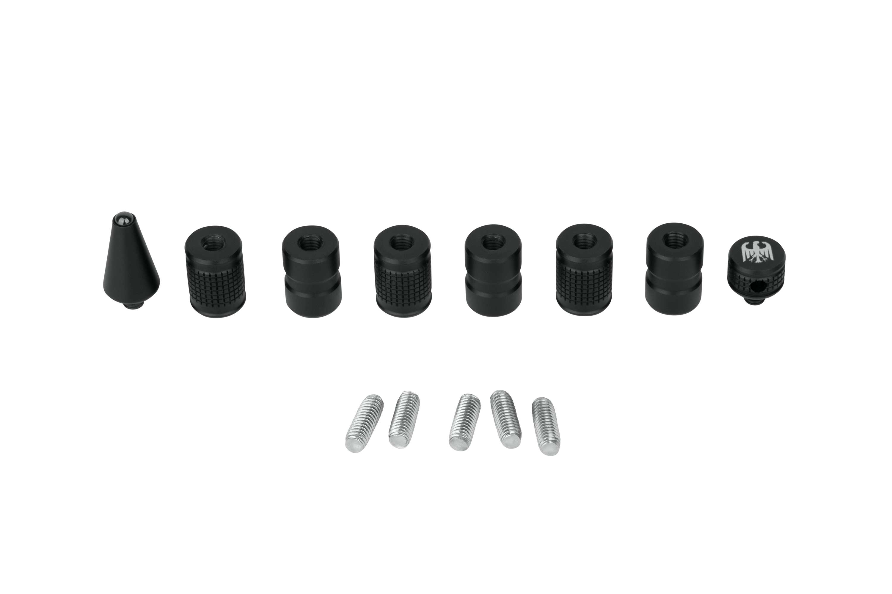 Set aus schwarzem Aluminium-Luftpistolenzubehör, einschließlich verschiedener Griffe und Schrauben zur individuellen Anpassung.