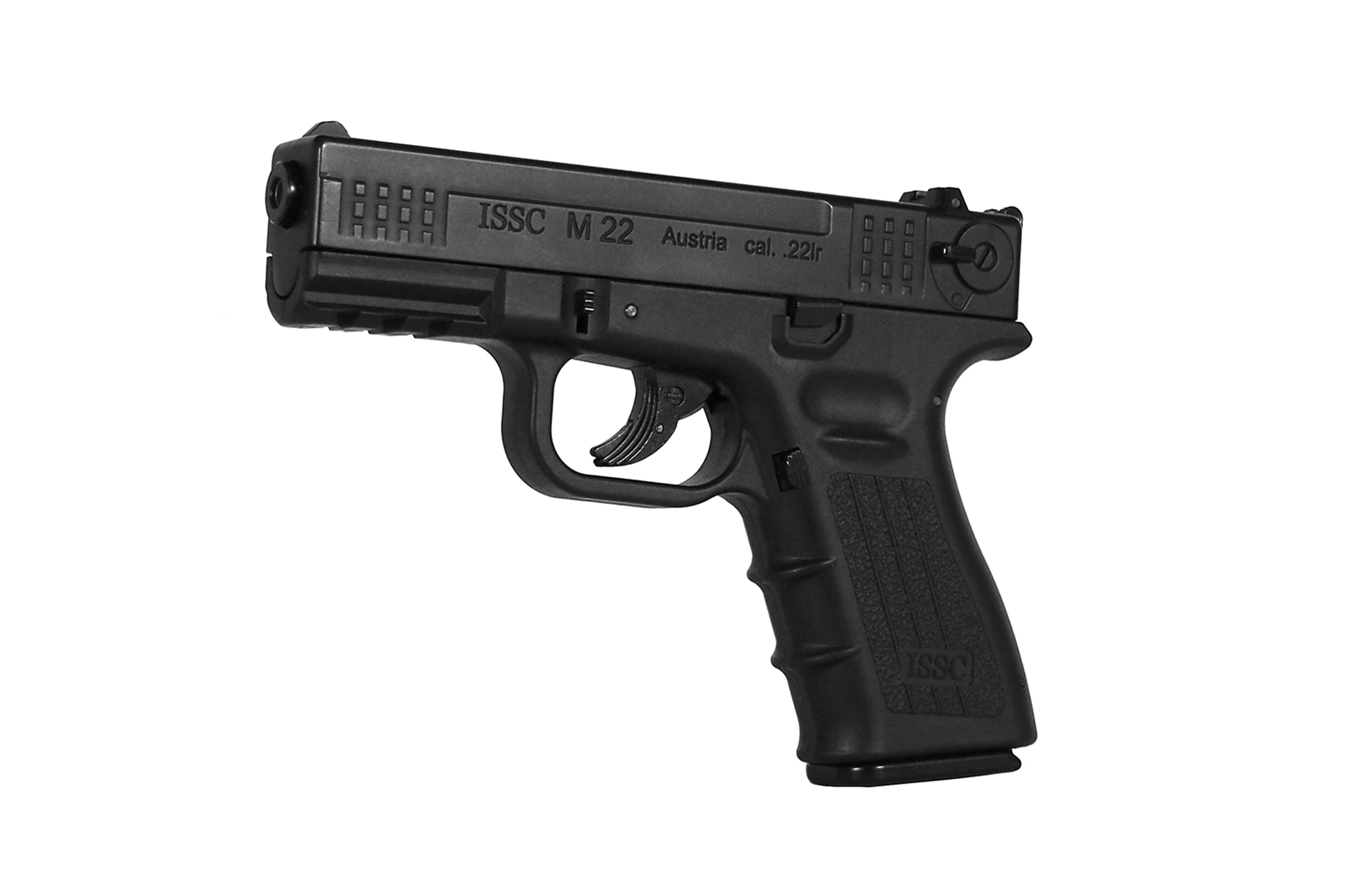 ISSC M22 Luftpistole in Schwarz mit strukturiertem Griff und kompaktem Design für präzises Schießen.