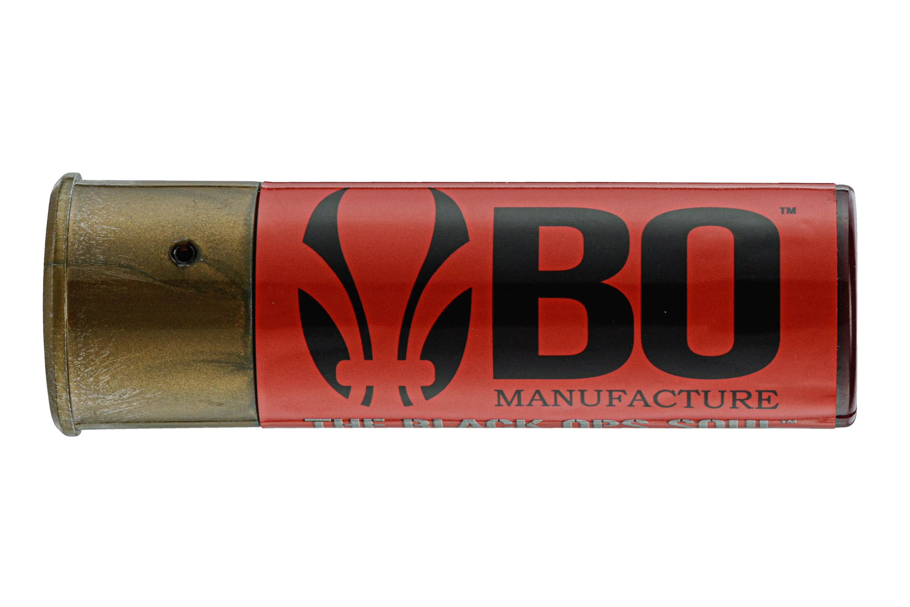 Ein rotes BO Manufacture-Schrotpatronengehäuse mit metallischem Messingsockel, mit schwarzem BO-Logo und Markentext.