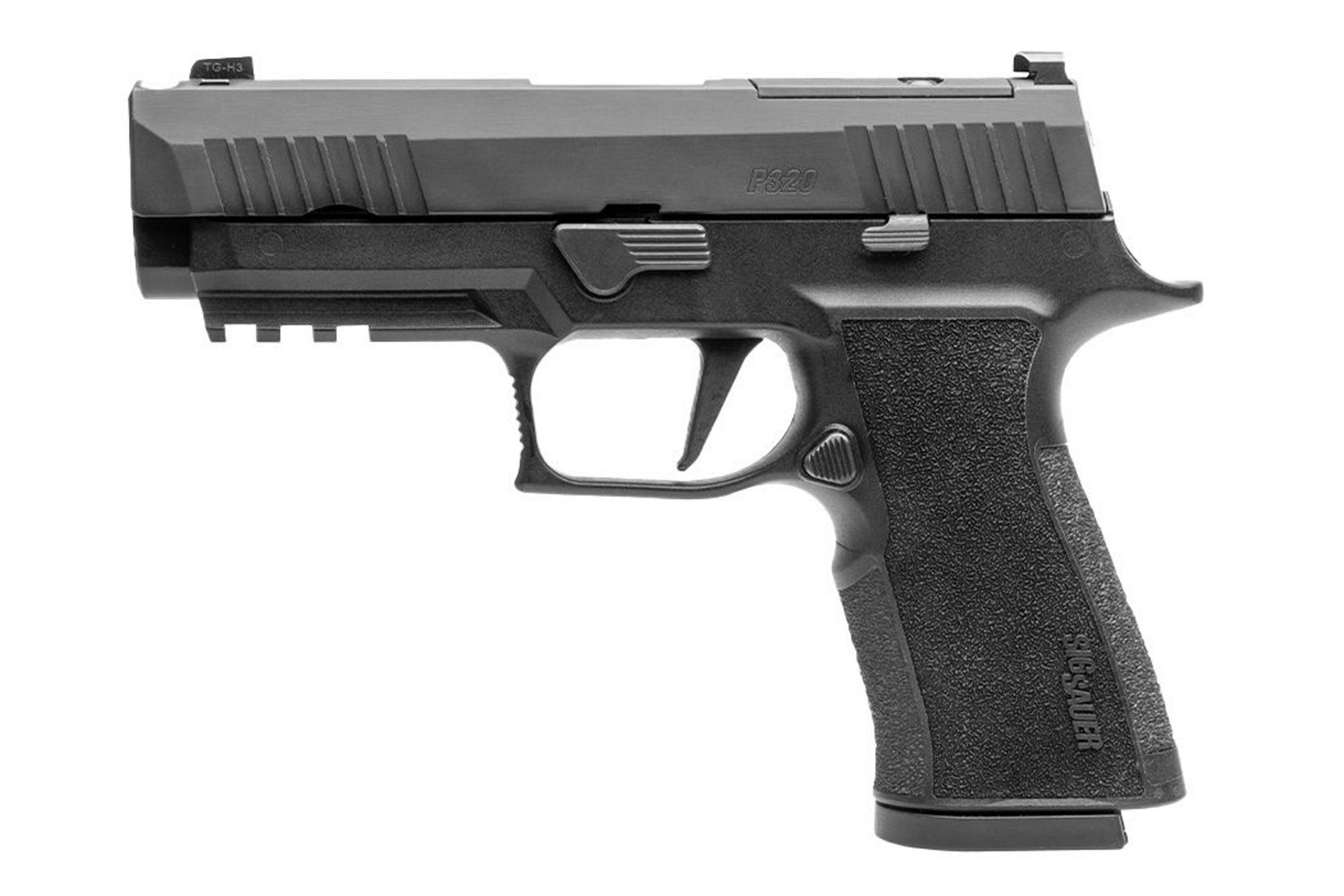Sig Sauer P320 Luftpistole mit elegantem schwarzen Design und strukturiertem Griff für verbesserte Handhabung.