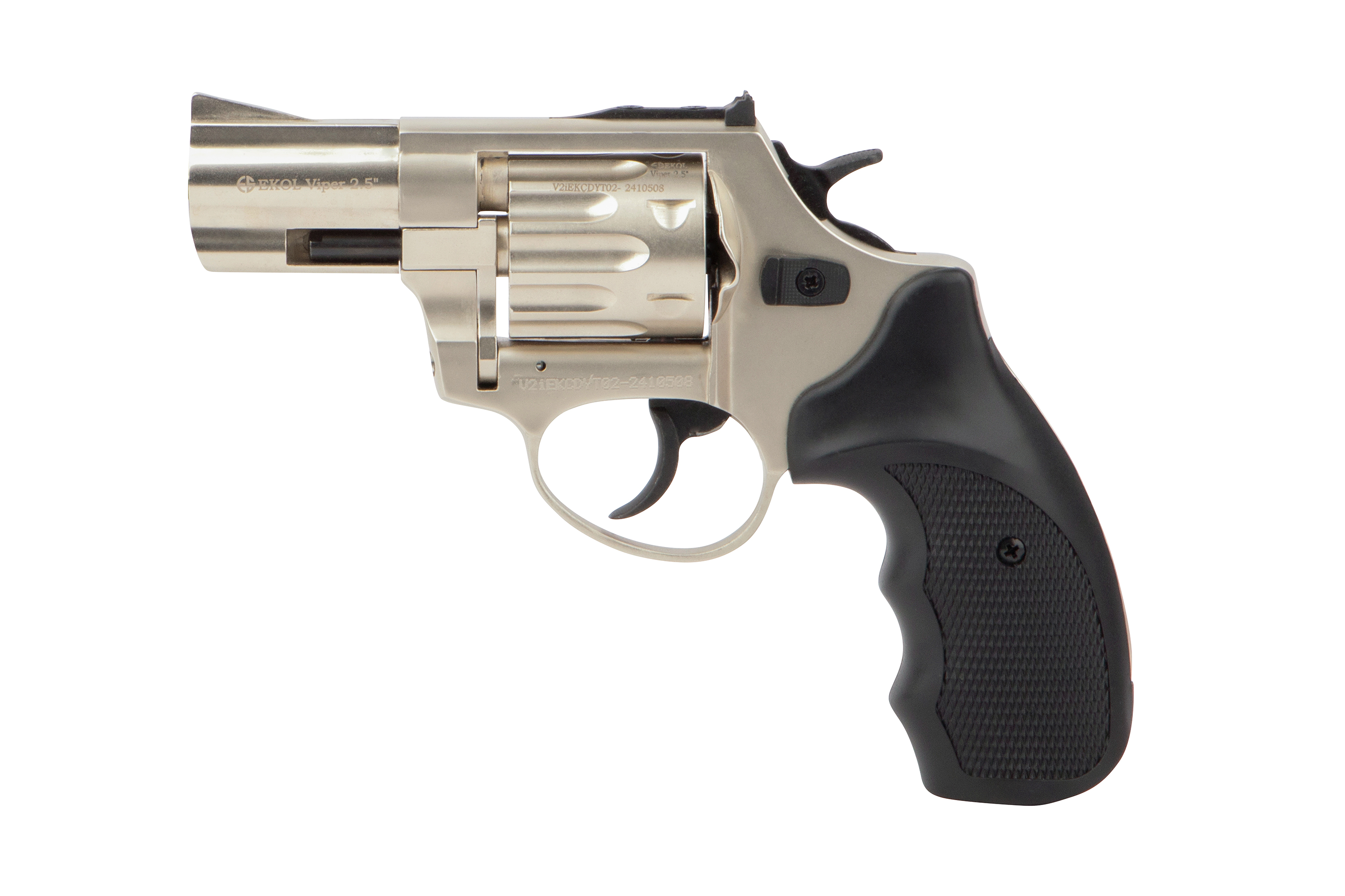 Silberner EKOL Viper 2,5-Zoll-Revolver mit leerem Schuss und schwarzem ergonomischem Griff, isoliert vor weißem Hintergrund.