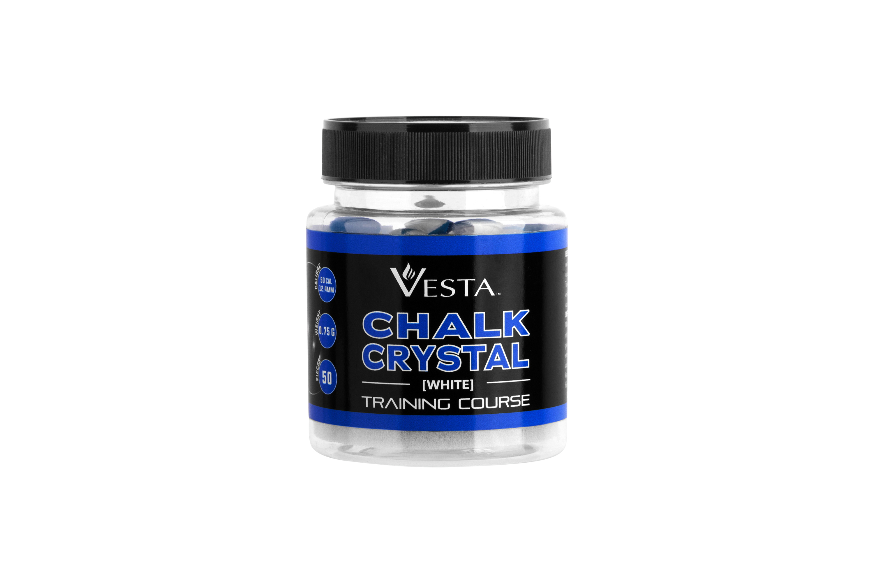 Ein durchsichtiges Plastikgefäß mit Vesta Chalk Crystal weißen Trainingspatronen für 50 Kalibermarkierungen mit schwarzem Schraubdeckel.
