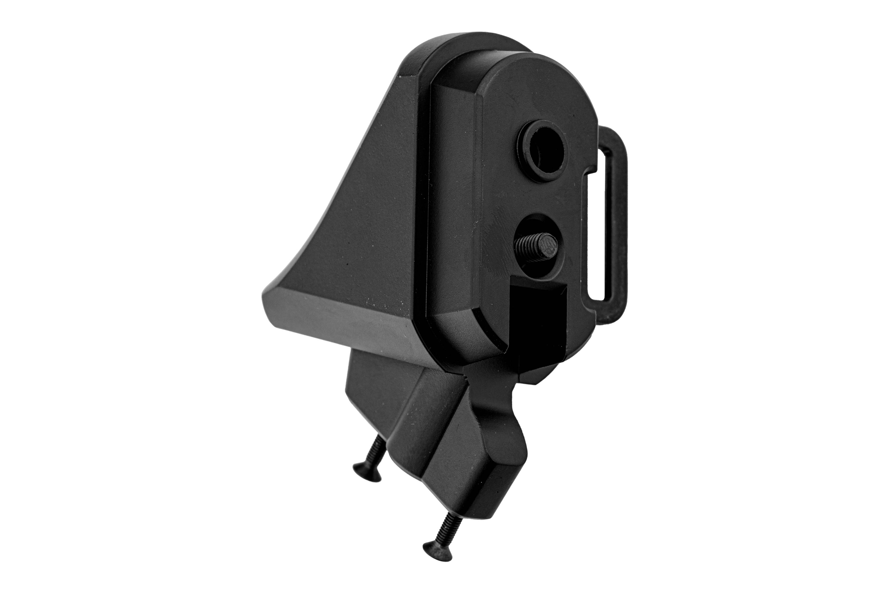 Schwarzer Schaftadapter aus Polymer für Luftgewehre mit robustem Design und Befestigungsschrauben für eine einfache Installation.