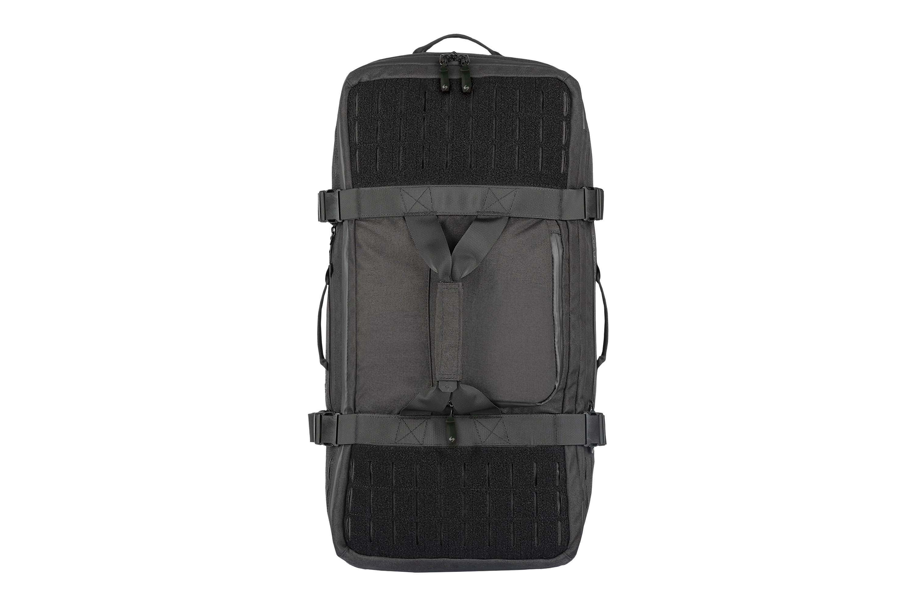Schwarze taktische Ausrüstungstasche mit MOLLE-Gurtband, Kompressionsriemen und verstärkten Tragegriffen für Outdoor-Ausrüstung.
