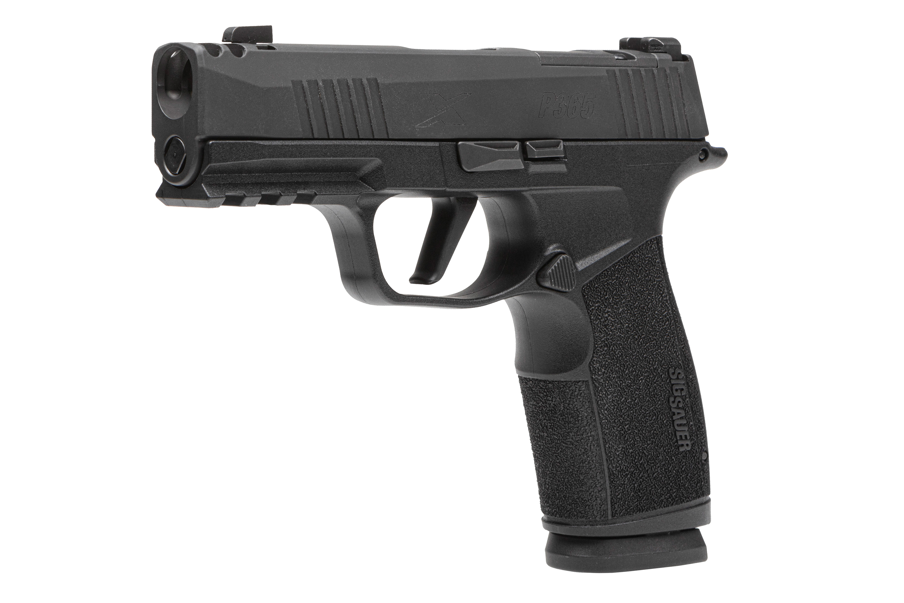 Sig Sauer P365 Luftpistole in Schwarz mit strukturiertem Griff und taktischer Schiene für Zubehör.