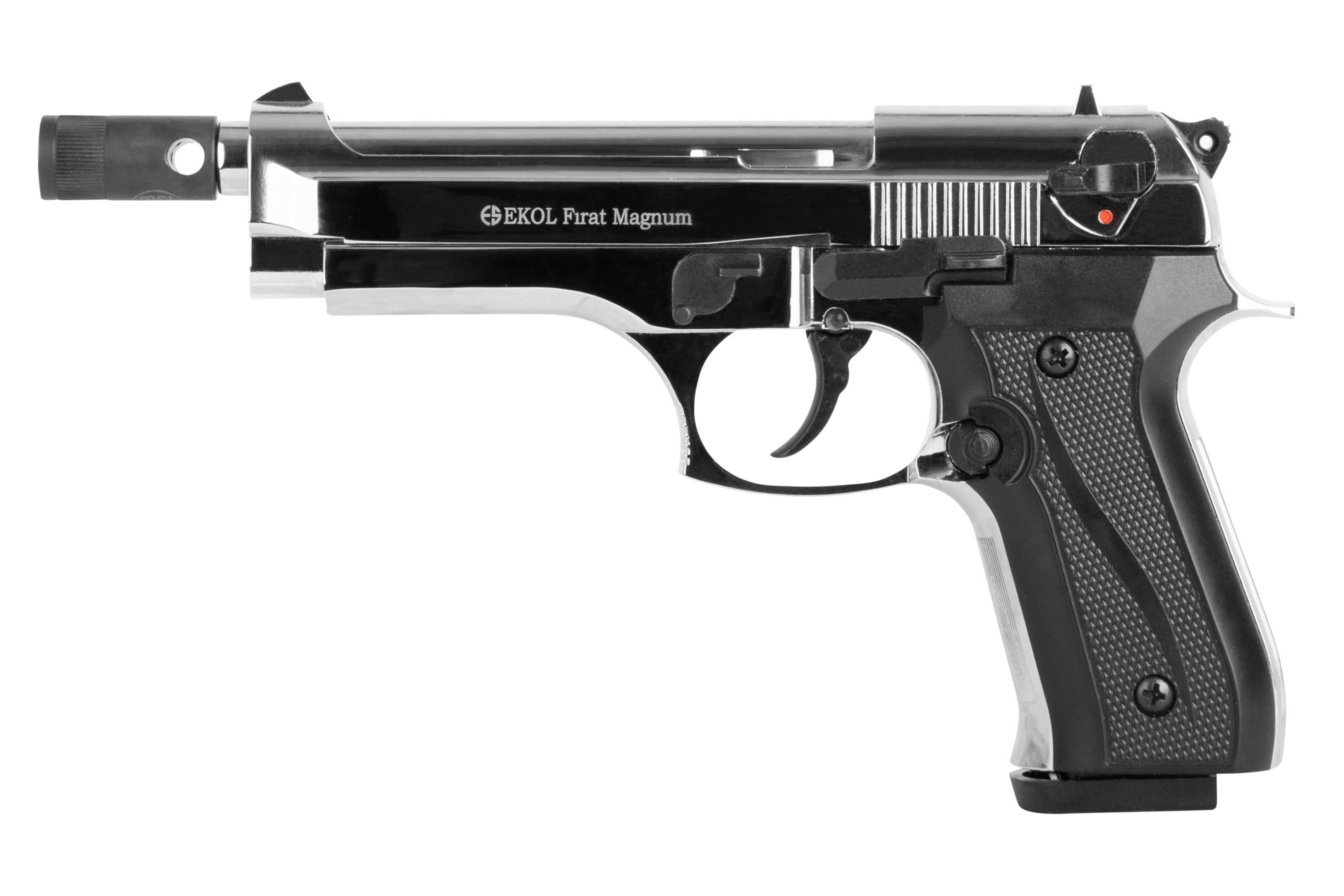 EKOL Firat Magnum Luftpistole mit silberner und schwarzer Oberfläche, strukturiertem Griff und taktischem Design.