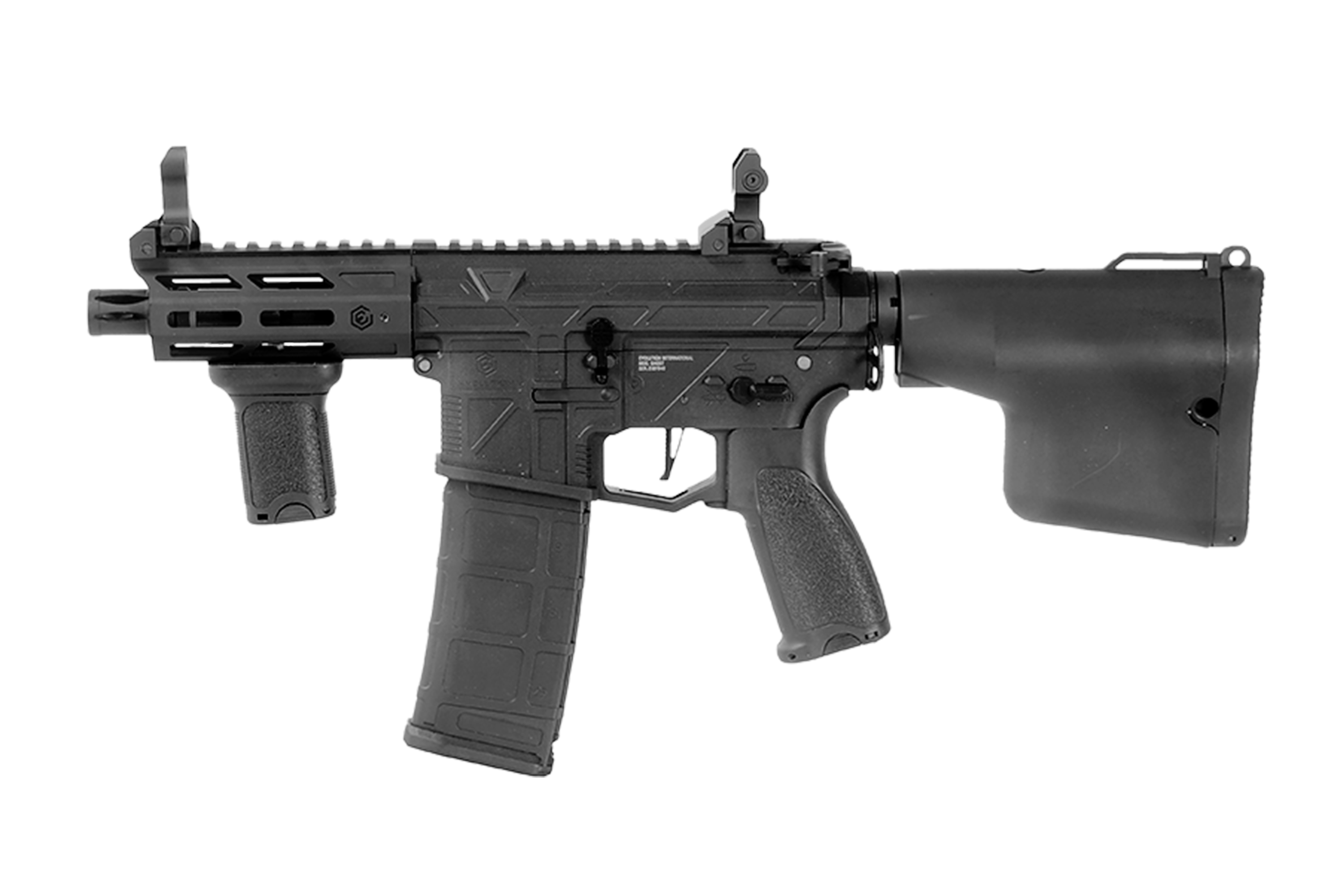 Black Evolution International Airsoft-Gewehr mit taktischem Handschutz, vertikalem Vordergriff und Schaft auf weißem Hintergrund.