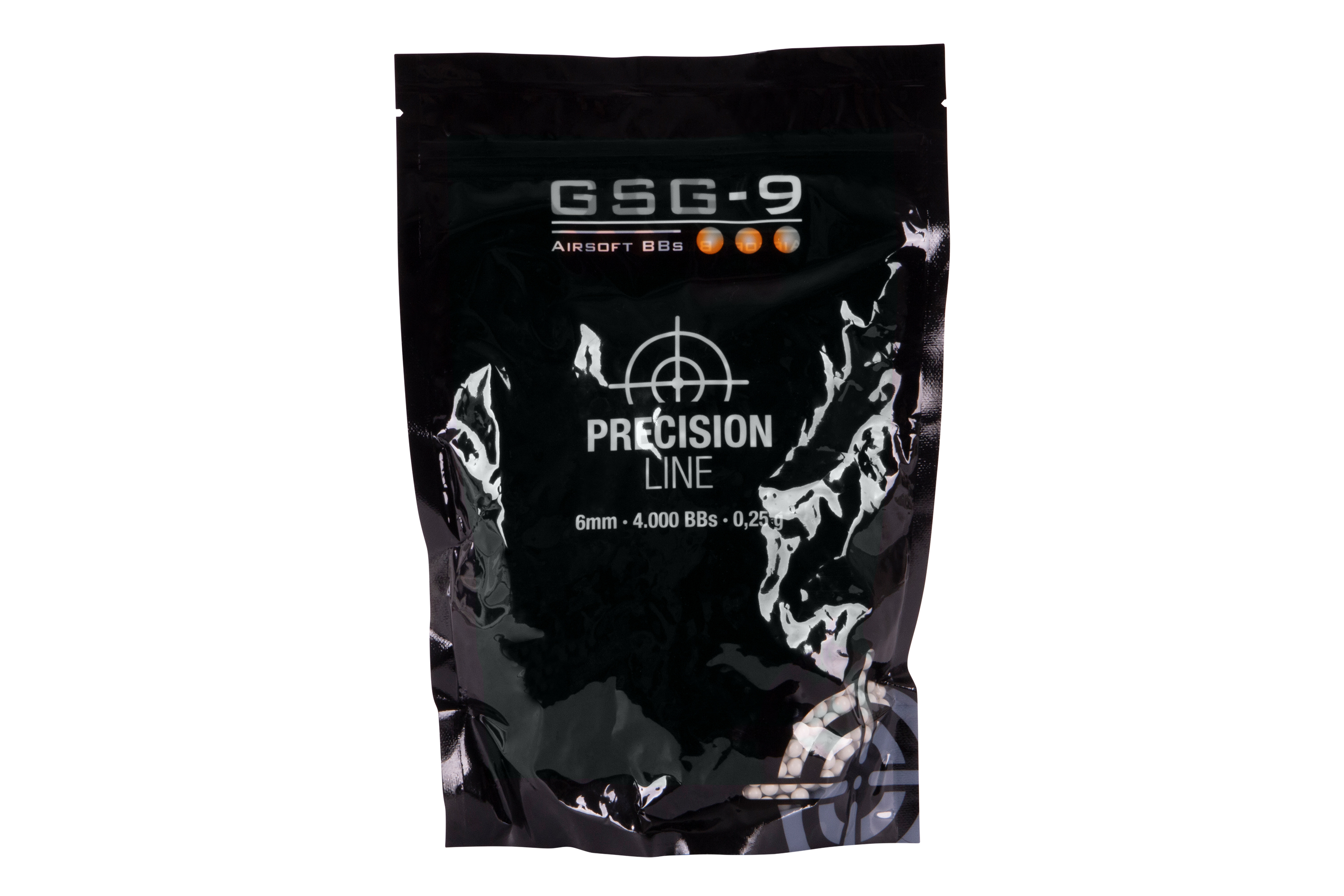 GSG-9 Precision Line Airsoft BBs, 6 mm, 4000 Stück, 0,25 g, schwarze Verpackung für optimale Leistung.