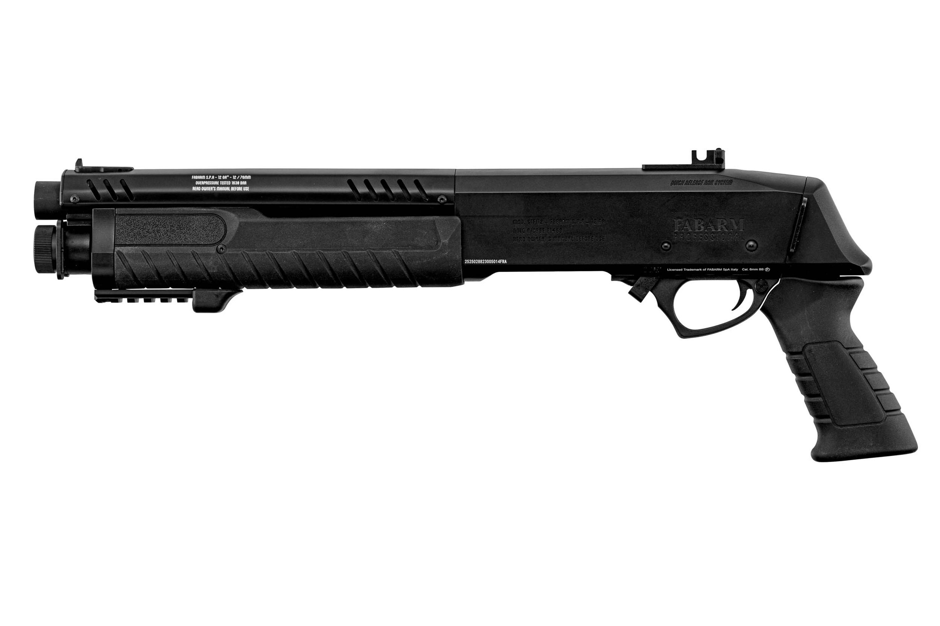 Schwarze Fabarm Professionelle Luftschrotflinte mit taktischem Griff, Seitenschiene und langlebiger Polymerkonstruktion für Schützen.