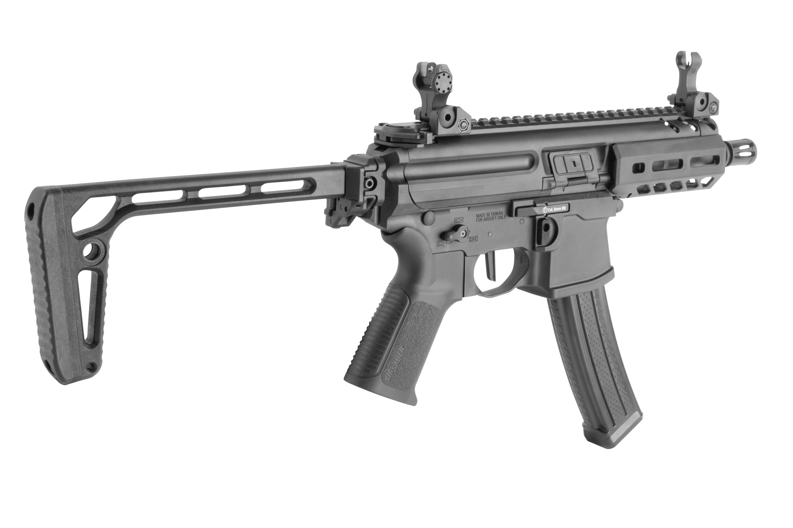 Sig Sauer MPX Airsoft-Gewehr in Schwarz mit Klappschaft, integriertem Schienensystem und Magazindesign mit hoher Kapazität.