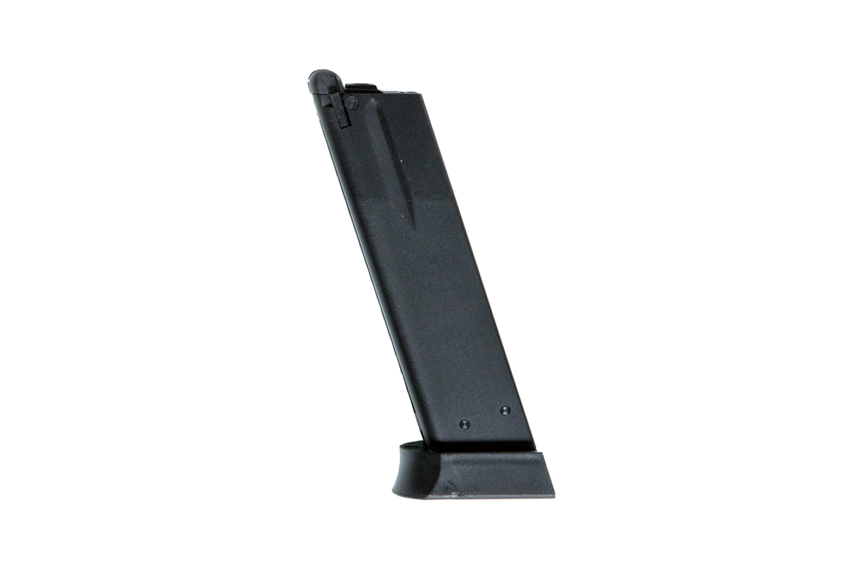 Ein schwarzes Luftpistolenmagazin aus Metall mit flacher Grundplatte, von der Seite vor einem schlichten weißen Hintergrund dargestellt.