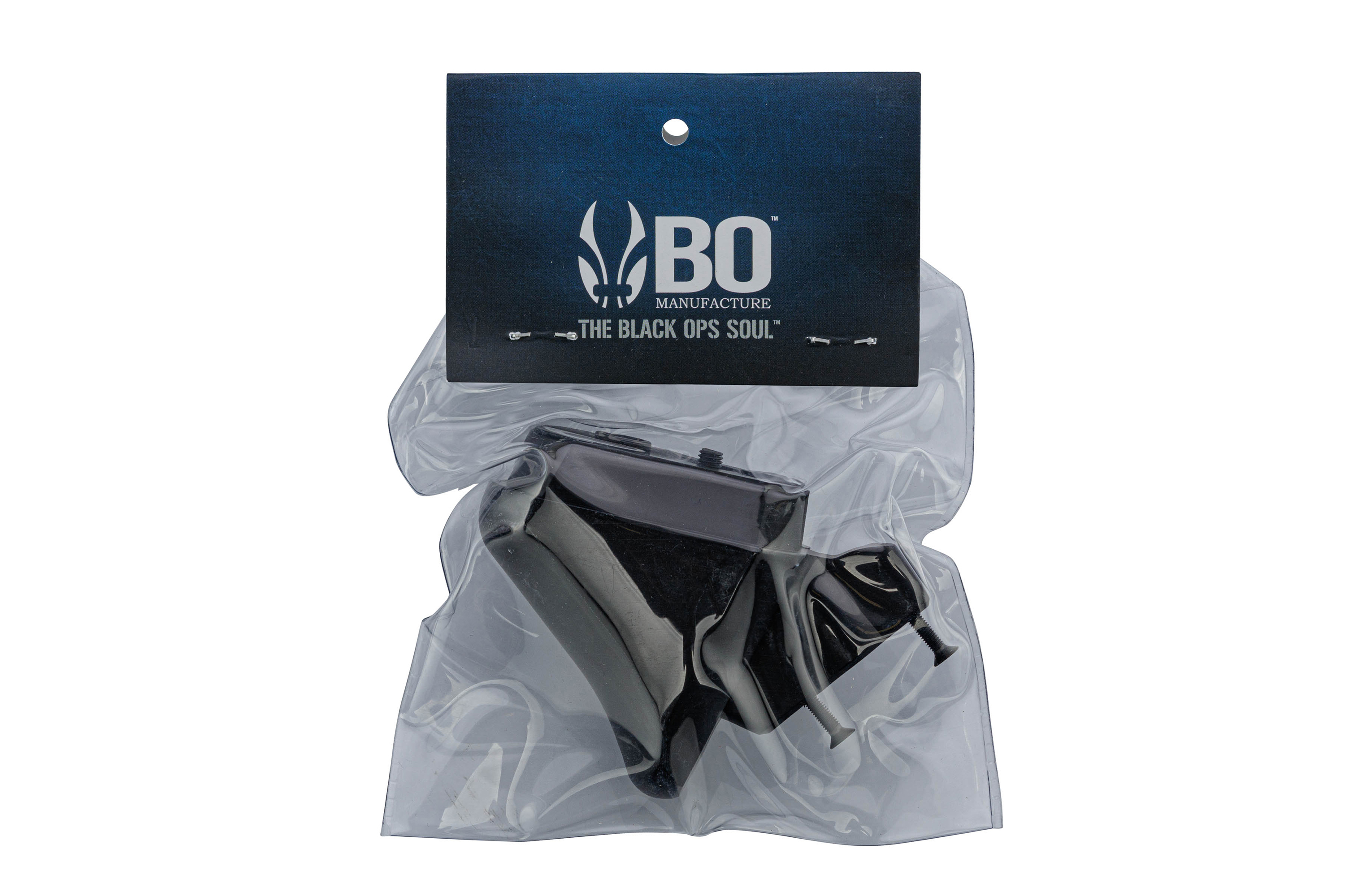 BO Manufacture The Black Ops Soul, schwarzes Schusswaffenzubehörteil, versiegelt in einer durchsichtigen Einzelhandelsverpackung aus Kunststoff.
