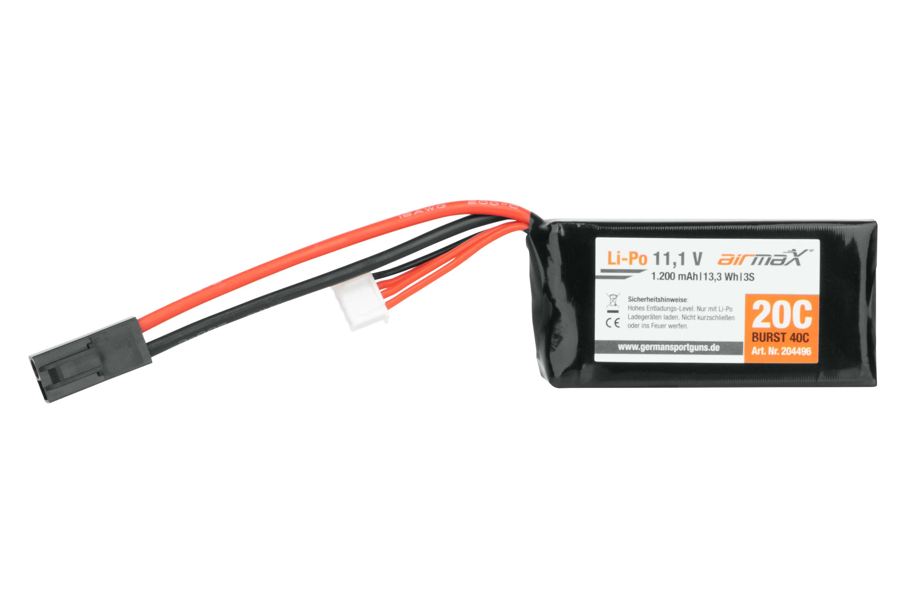 Airmax 11,1 V 1200 mAh 20 C Li-Po-Akku für Airsoft-Waffen, schwarze rechteckige Packung mit roten und schwarzen Stromkabeln.