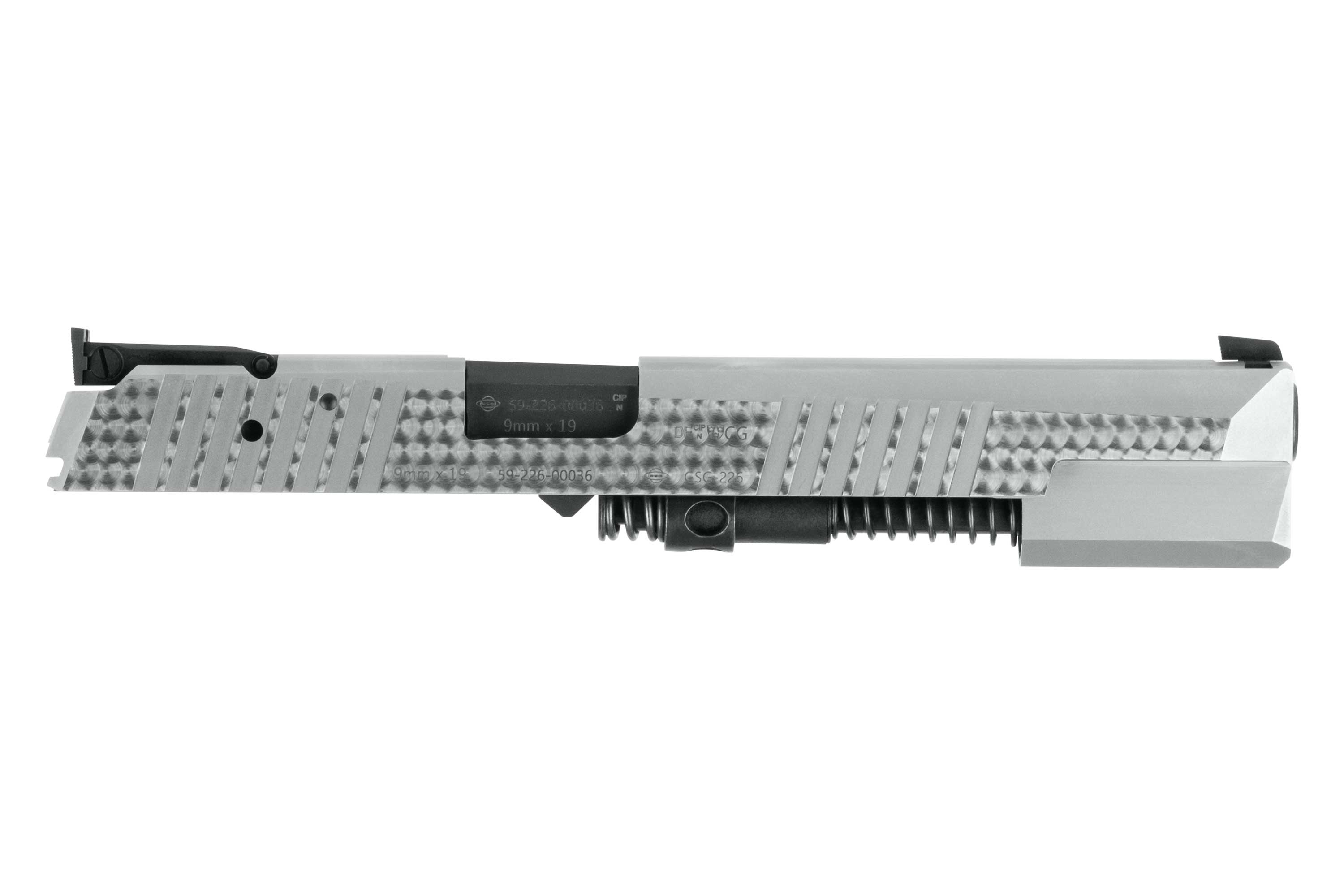 Silberner Luftpistolenschlitten für 9 mm x 19 Modelle mit strukturiertem Griff und Präzisionsbearbeitung.